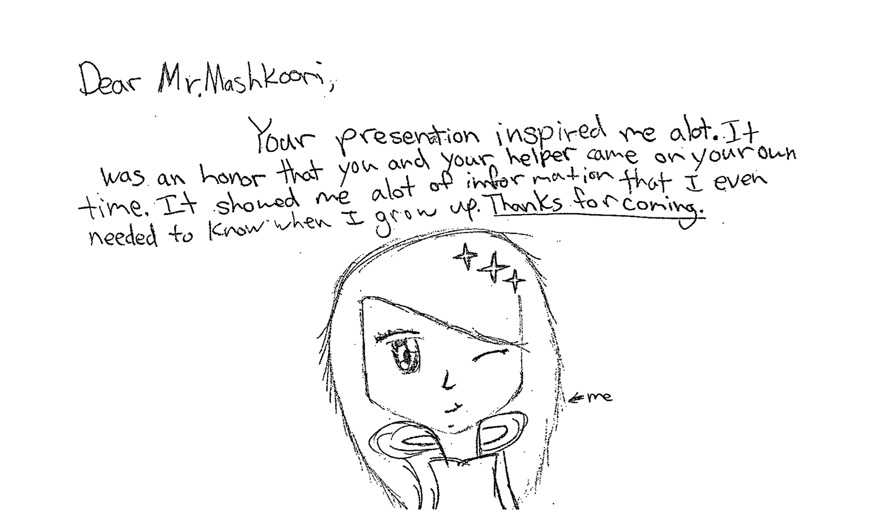 Handwritten letter addressed to Mir, expressing gratitude for inspired presentation and helpful guidance, accompanied by a simple sketch of a girl with long hair, winking, wearing a headband with stars, and a label pointing to her saying 'me'.