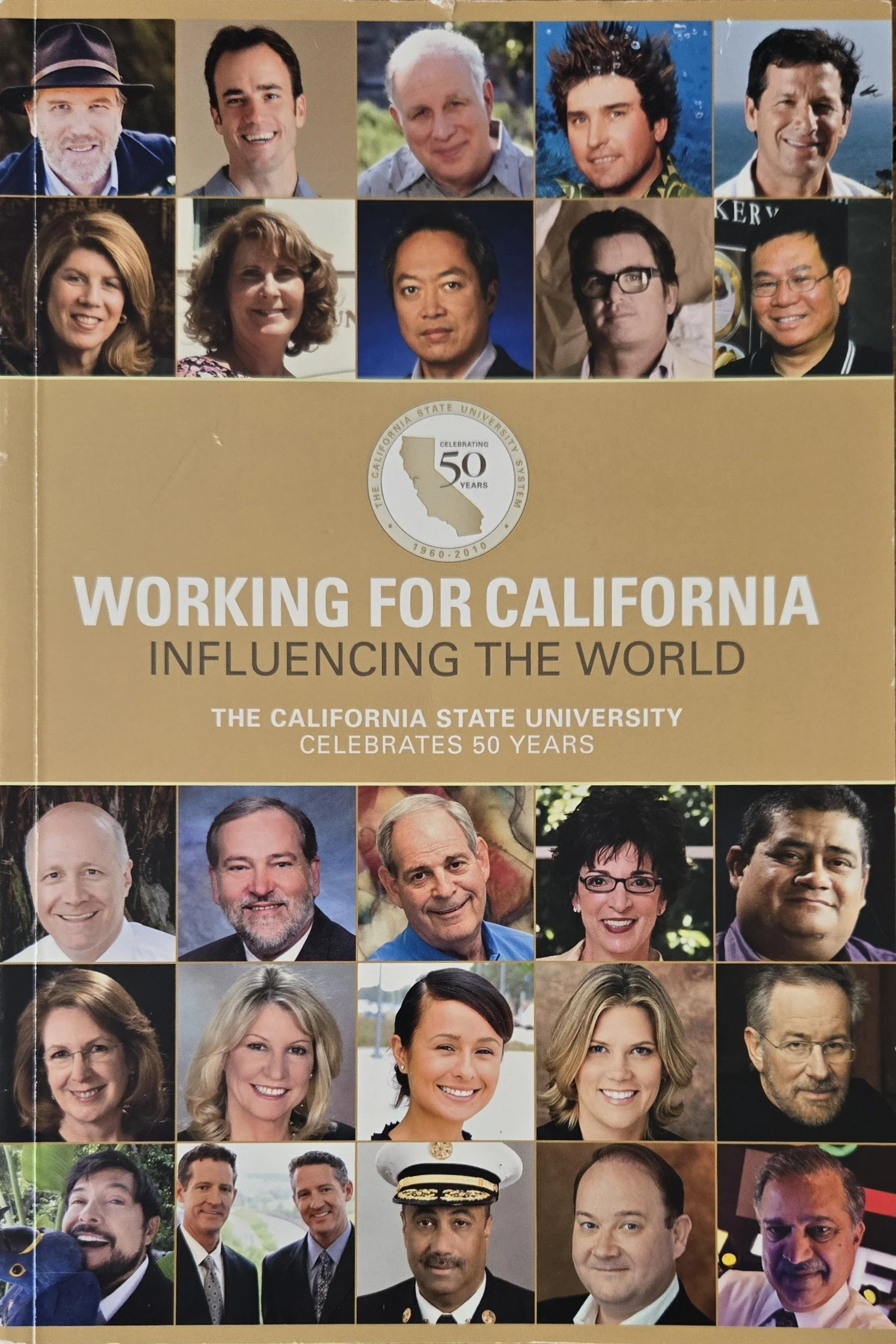 A collage of headshots of numerous individuals, including men and women of diverse ages and ethnicities, arranged in rows. The collage features a gold background with a California state emblem and text celebrating the 50th anniversary of California State University.