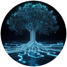Digital illustration of a tree with glowing binary code and circuit-like branches and roots.