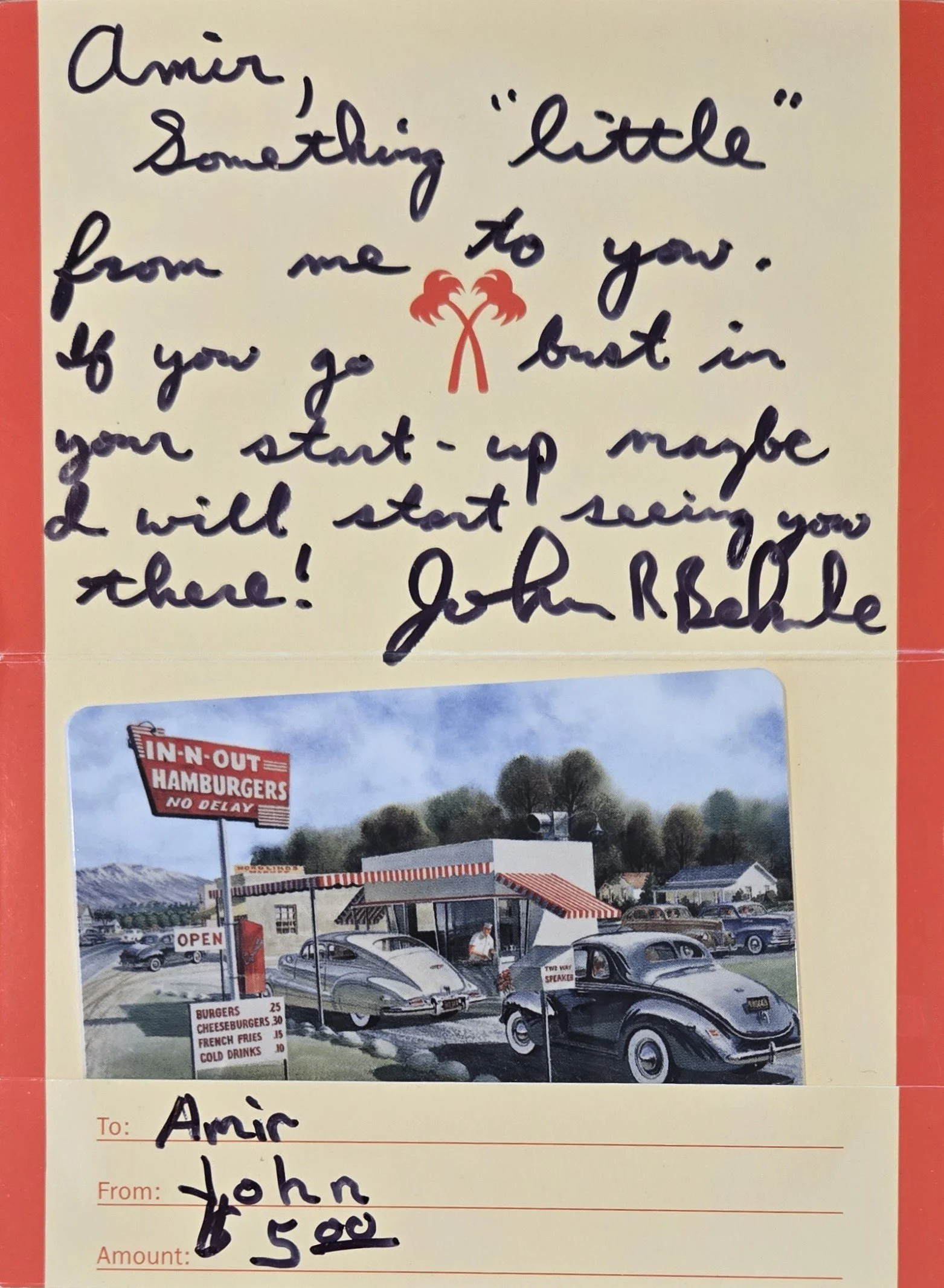 A handwritten note card with a drawing of two red palm trees in the center, a photo of a parking lot with cars and a burger restaurant, and a menu listing prices for burgers, fries, and drinks.