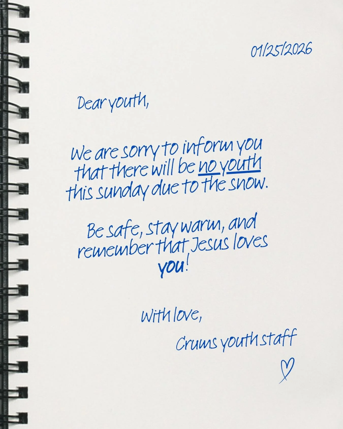 ❄️SNOW DAY❄️ No youth tomorrow. Stay warm, and we will see y&rsquo;all next week! :)