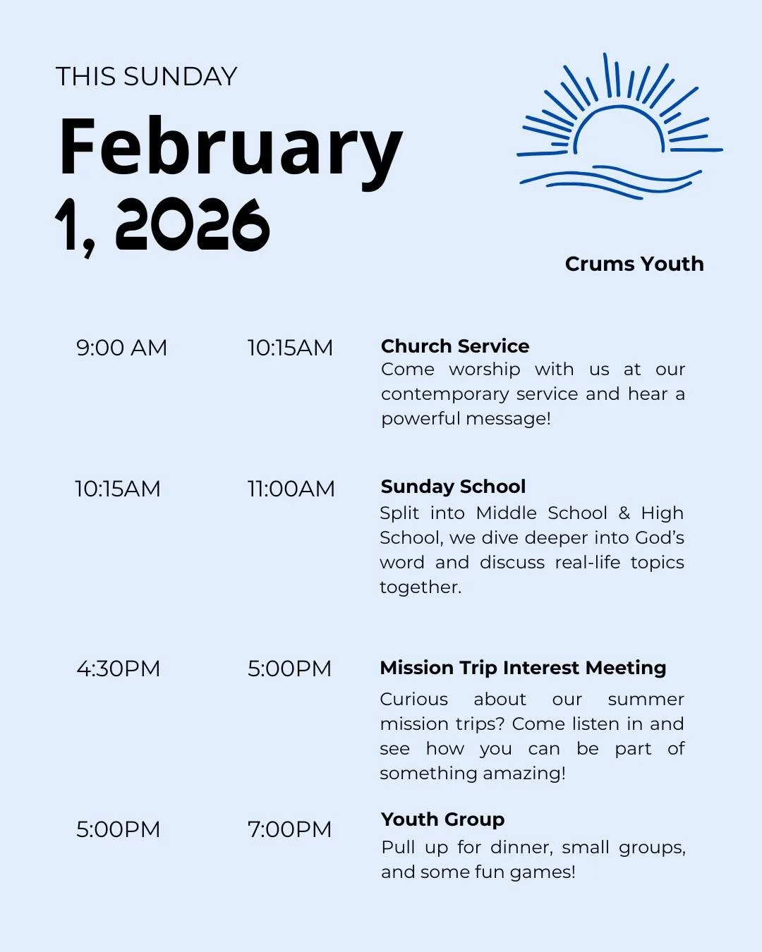 Your weekly Sunday lineup is here! 🌟 Can't wait to see y'all there :) #YouthLife