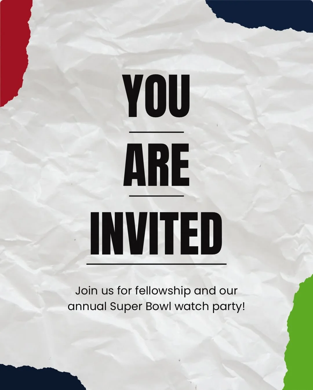 Faith. Friends. Football. 🏈 Super Bowl LX Watch party NEXT SUNDAY, February 8th. Come for the game, stay for the fellowship! 🙌🔥🔥 #crumsyouth