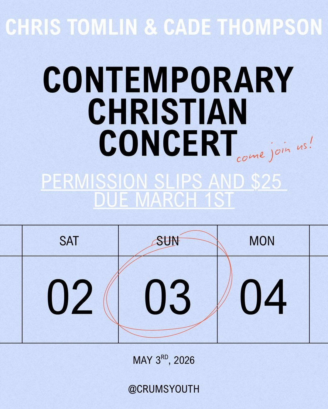 Want to be on God&rsquo;s great dance floor May 3rd?? Permission slips are due March 1st &mdash; don&rsquo;t miss it! 👀🎟️ #crumsyouth 

If you have any questions or concerns, please DM us or contact Jared Sanders.