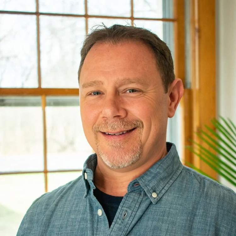 Man smiling indoors in front of a window.