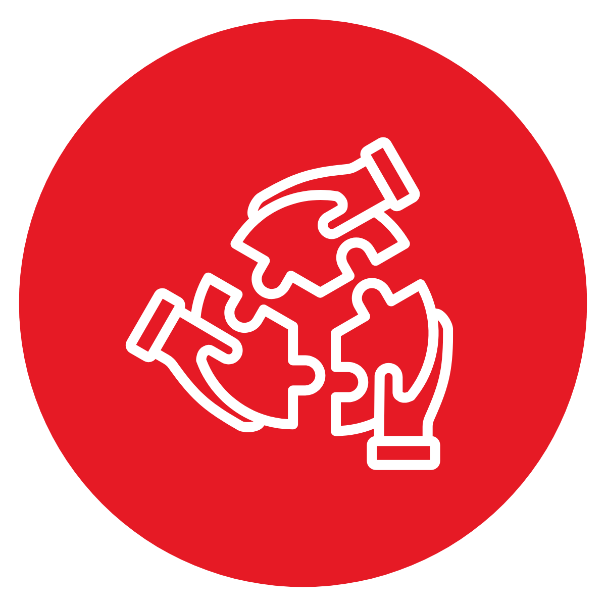 Icon of four puzzle pieces being assembled by four hands with a test tube above, on a red circular background.