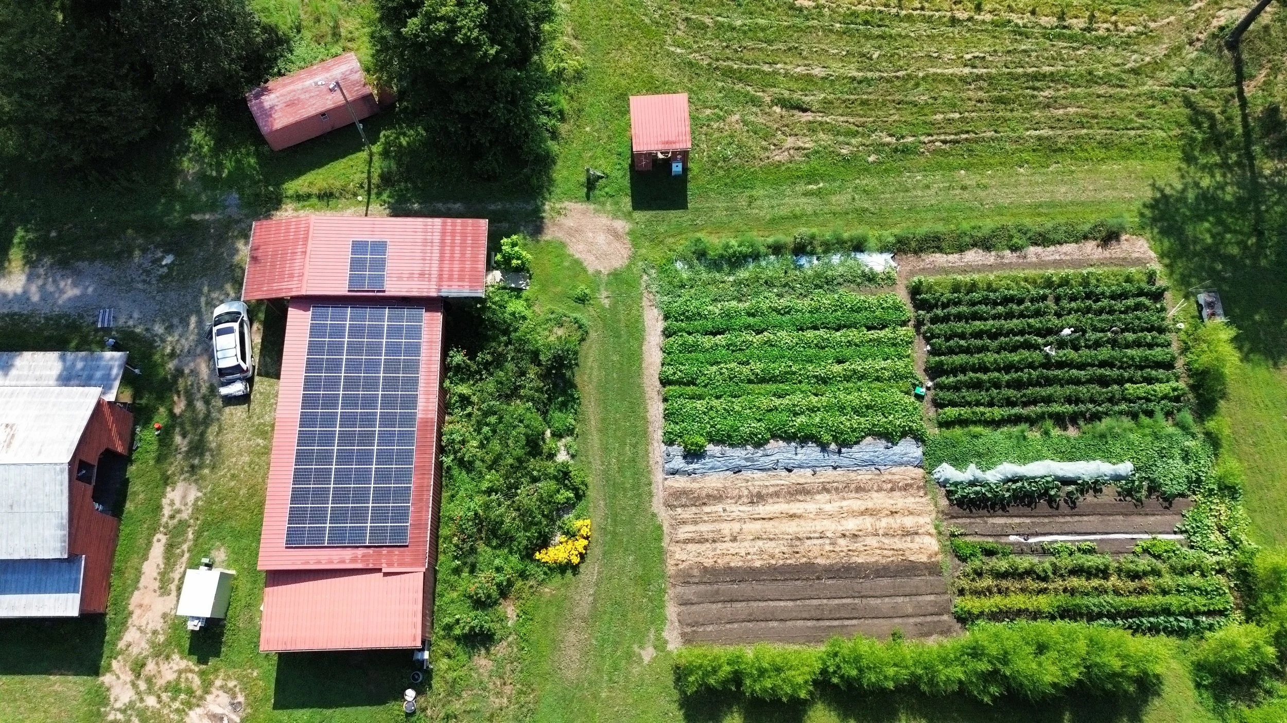 Aerial view of a farm with a house featuring solar panels on the roof, surrounded by gardens, vegetable plots, and small sheds.