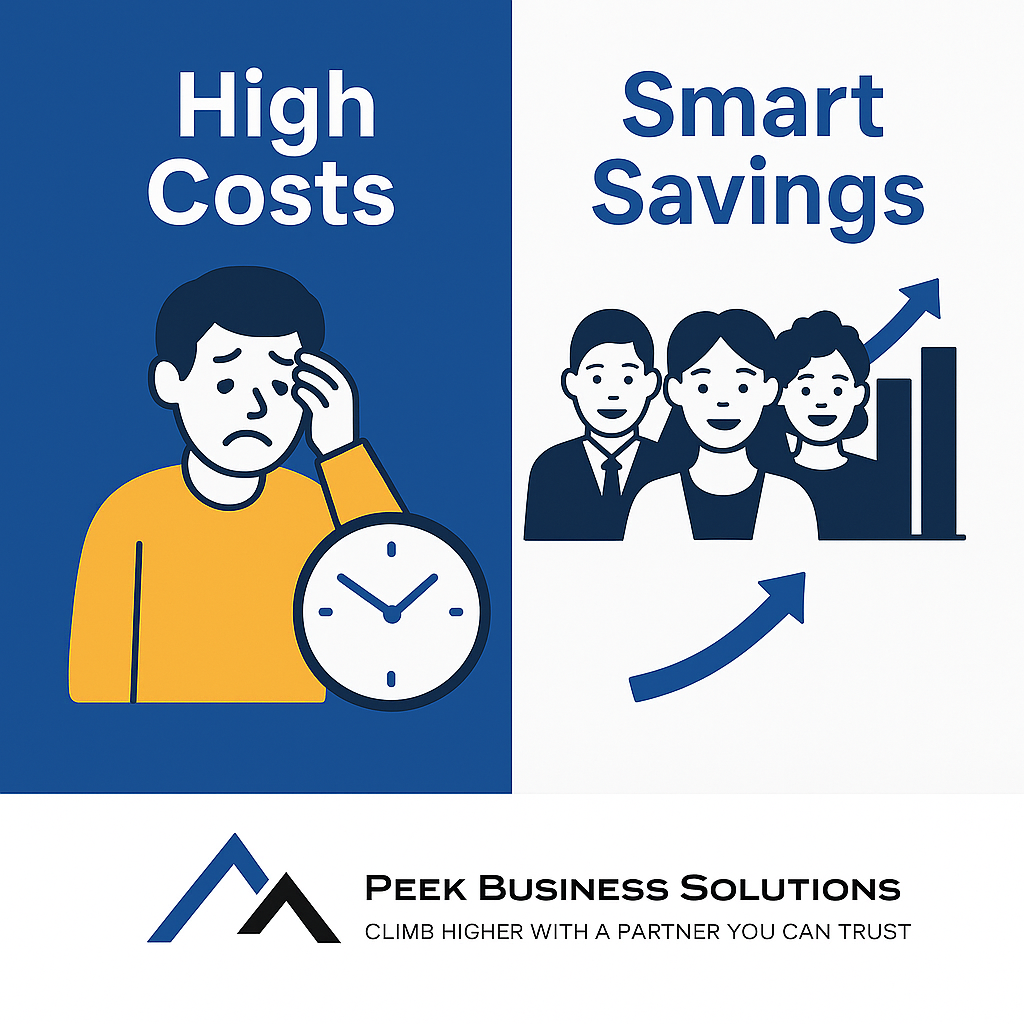 Graphic comparing high costs and smart savings with illustrations of a worried person with a clock and a group of smiling professionals with upward arrows, promoting Peek Business Solutions.