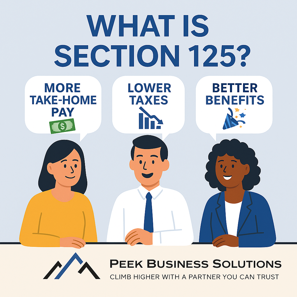 An infographic about Section 125 explaining its benefits, including more take-home pay, lower taxes, and better benefits, featuring three people and the text "Peek Business Solutions" with the slogan "Climb higher with a partner you can trust."