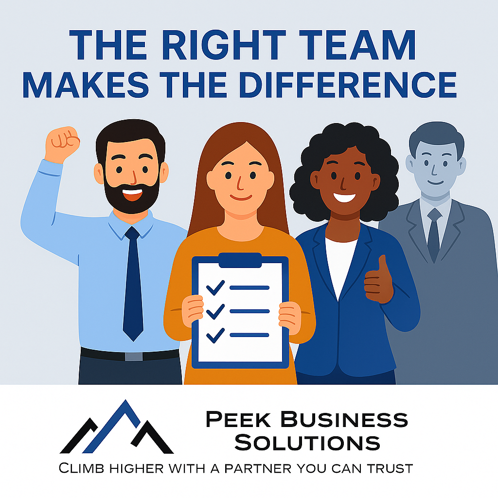 Illustration of diverse business professionals, including a man with a beard, a woman holding a checklist, a woman giving a thumbs up, and a gray-toned man in a suit, with the text "The Right Team Makes the Difference" and the logo for Peek Business Solutions.