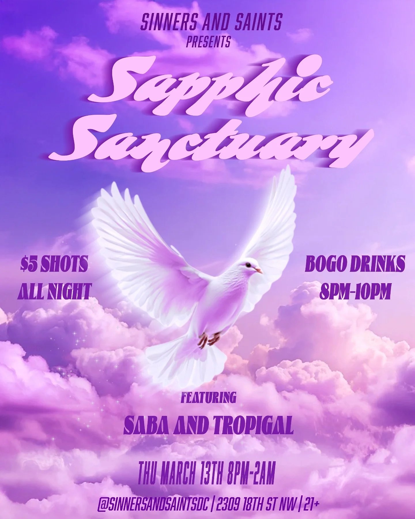 🔥✨ Sapphic Sanctuary &mdash; Where the beats are seductive, the drinks are strong, and the sapphics run the night. ❤️&zwj;🔥💋

DC&rsquo;s hottest sapphic night is back this Thursday at @sinnersandsaintsdc &mdash; a space for queer women, sapphics, 