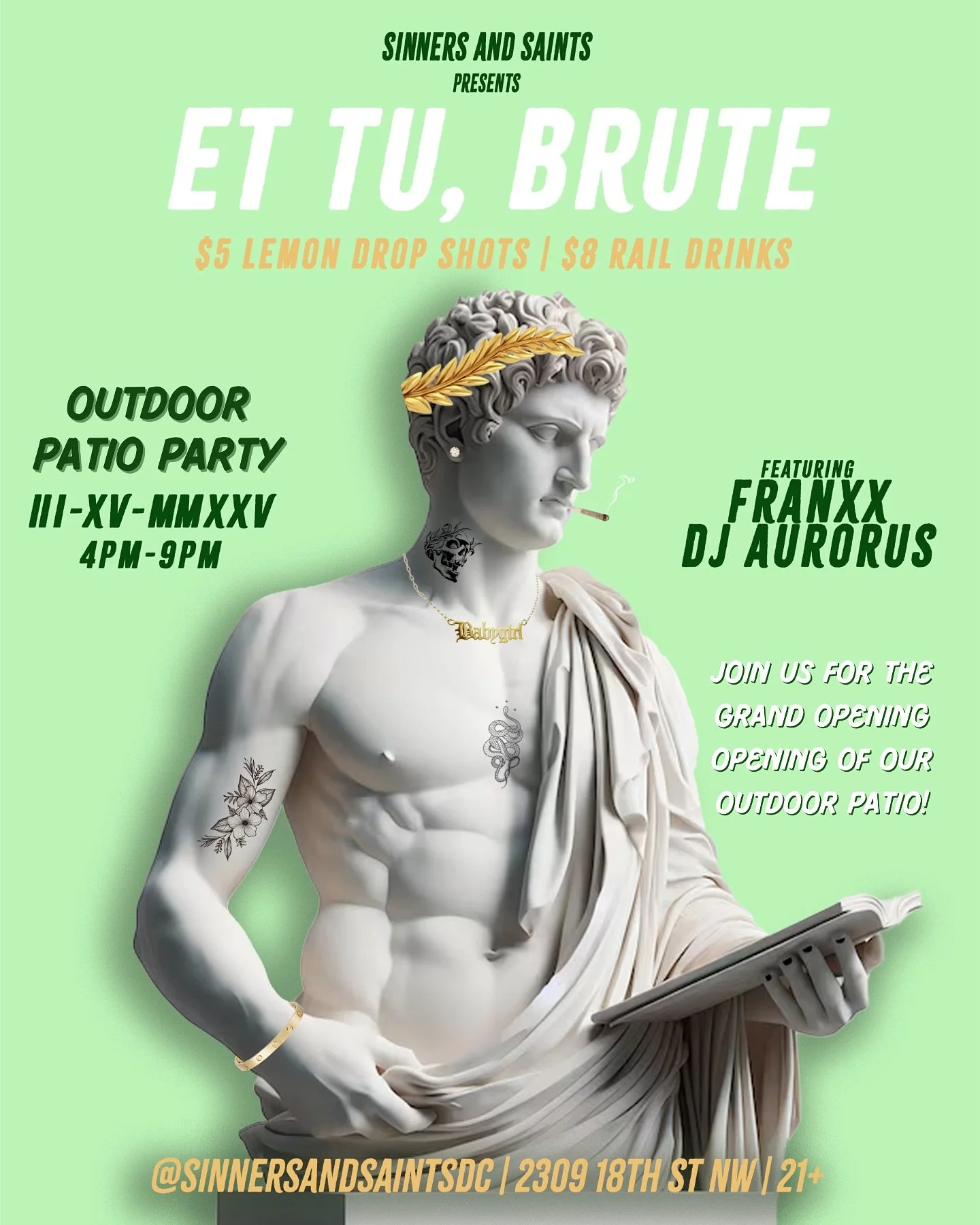 ⚔️ ET TU, BRUTE? ⚔️

The rumors are true... something epic is coming. 👀

Join us this Saturday, March 15th, from 4 PM to 9 PM as we unveil our brand-new outdoor patio for our Ides of March Day Party! This is a celebration of drama, decadence, and de