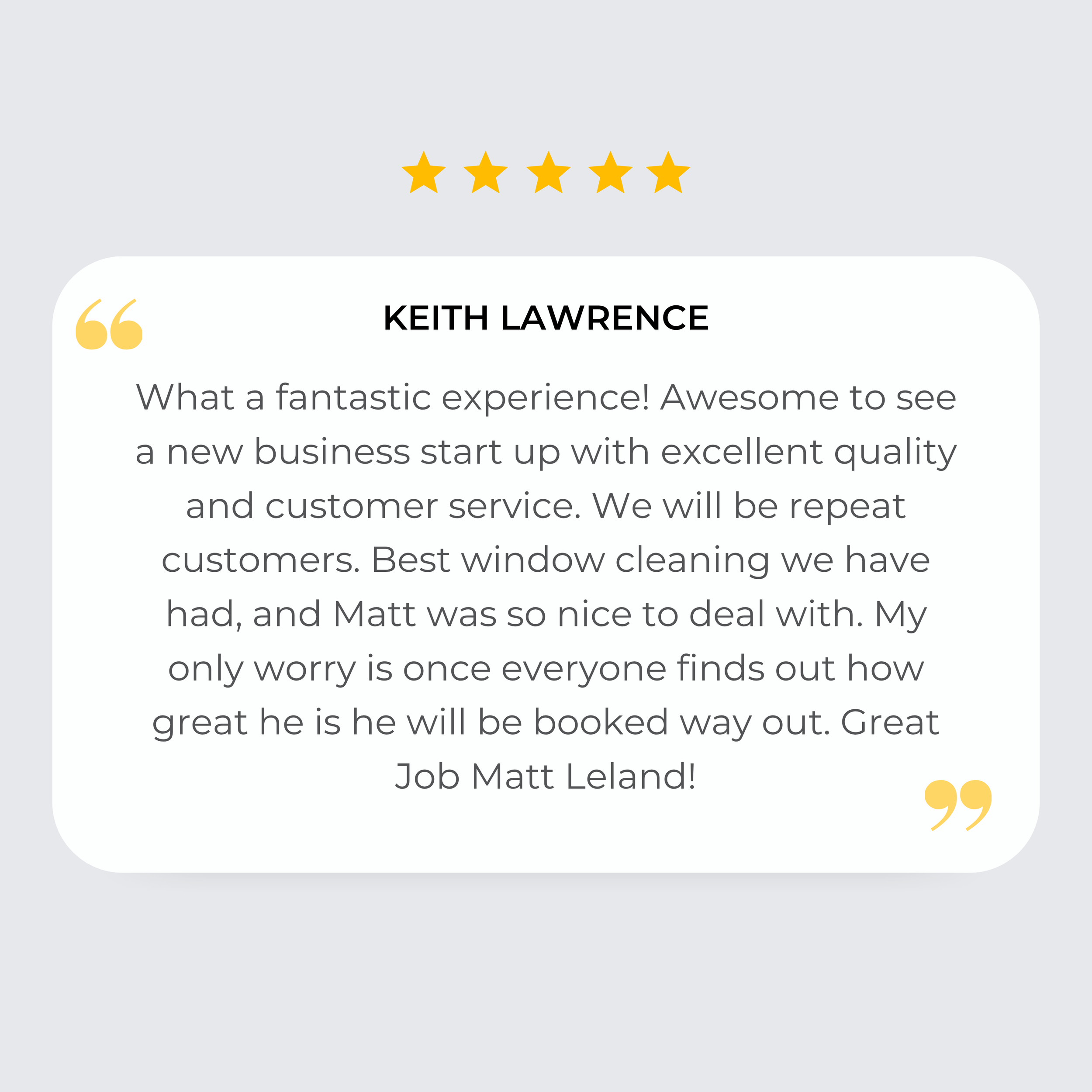 Customer testimonial with five-star rating, featuring a quote from Keith Lawrence praising excellent service and quality.
