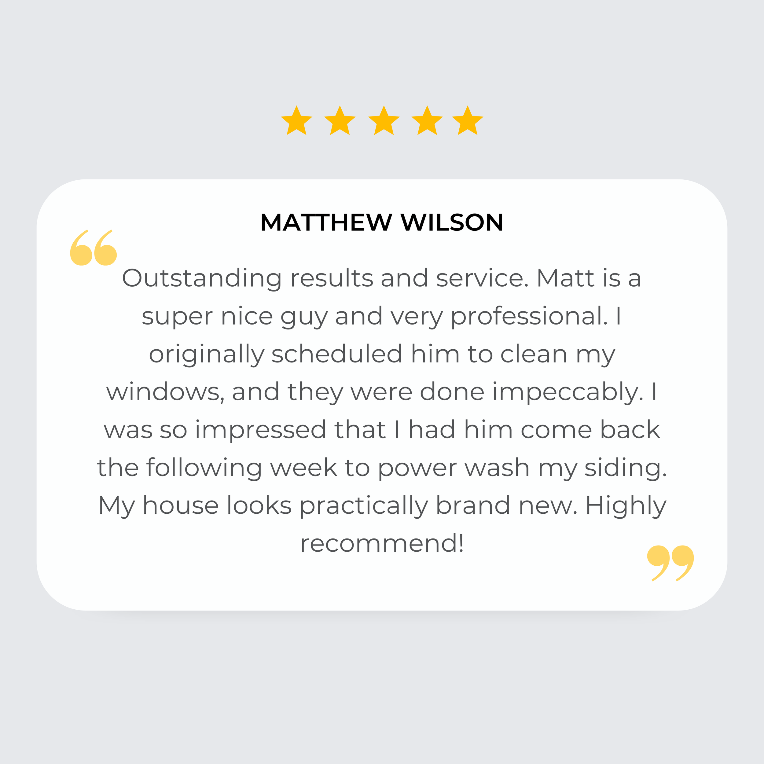 Screenshot of a review or testimonial with five gold stars at the top, and a quote praising the service, attributed to Matthew Wilson.