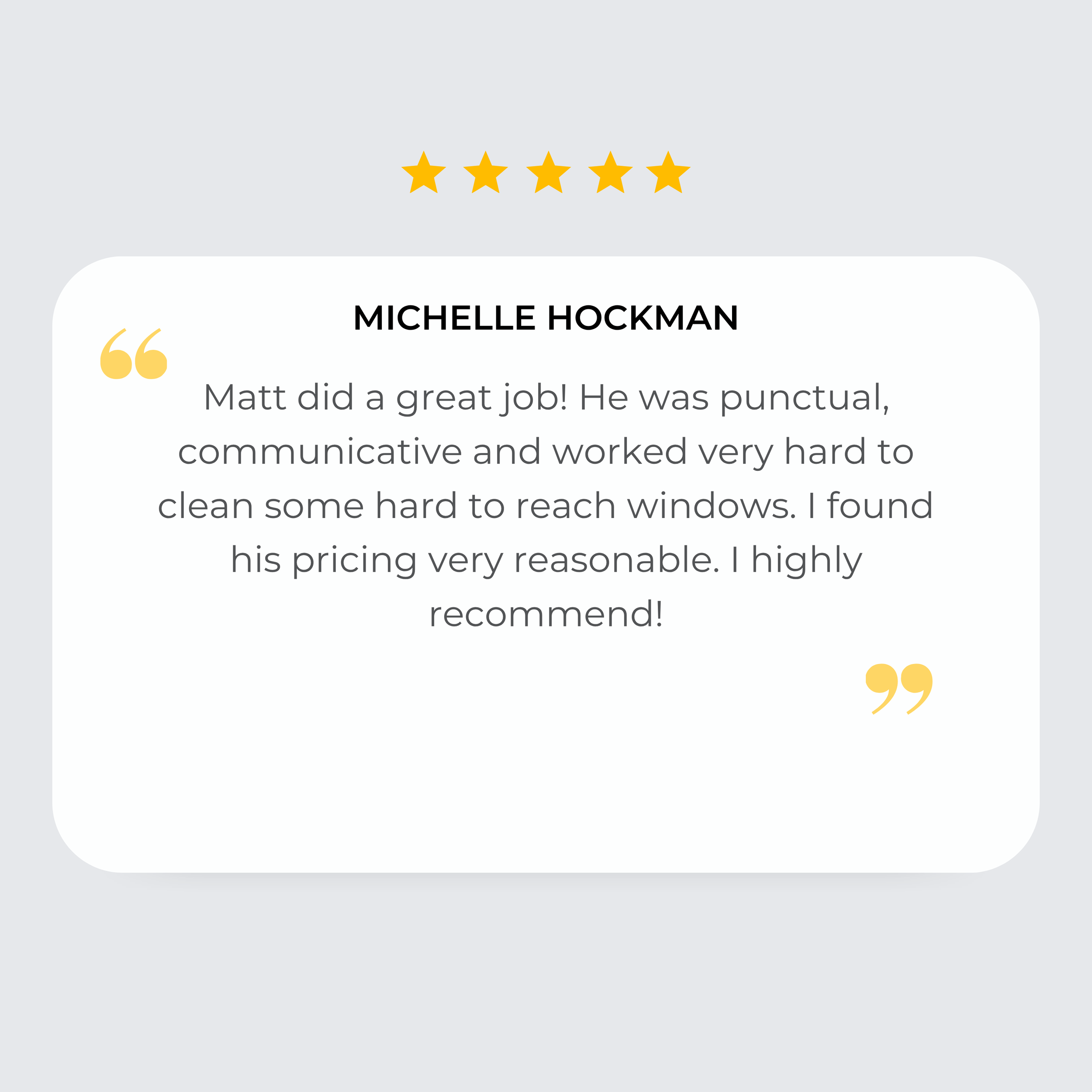 Screenshot of a review with five gold stars and a quote praising Michelle Hockman.