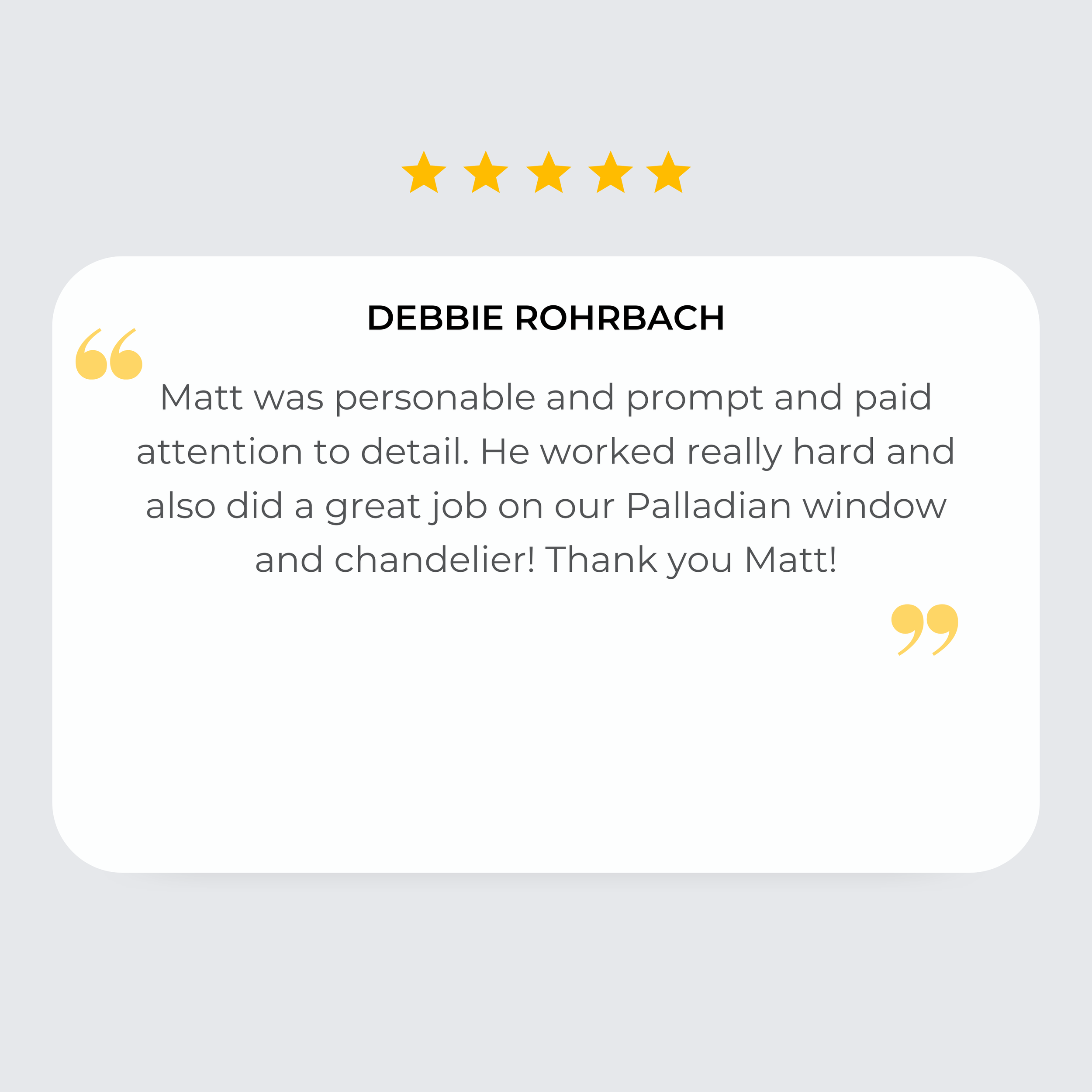 Screenshot of a review section, displaying a five-star rating and a positive customer comment for Debbie Rohrbach.