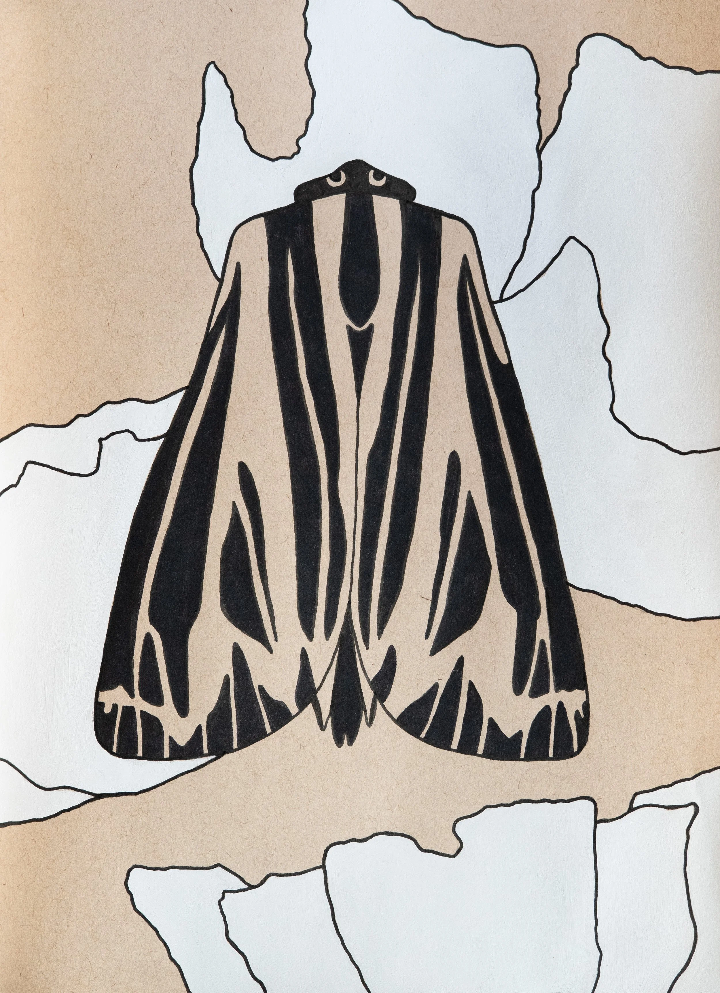 White Flowers & Moth - Acrylic, Gouache & Pen on Toned Tan Paper