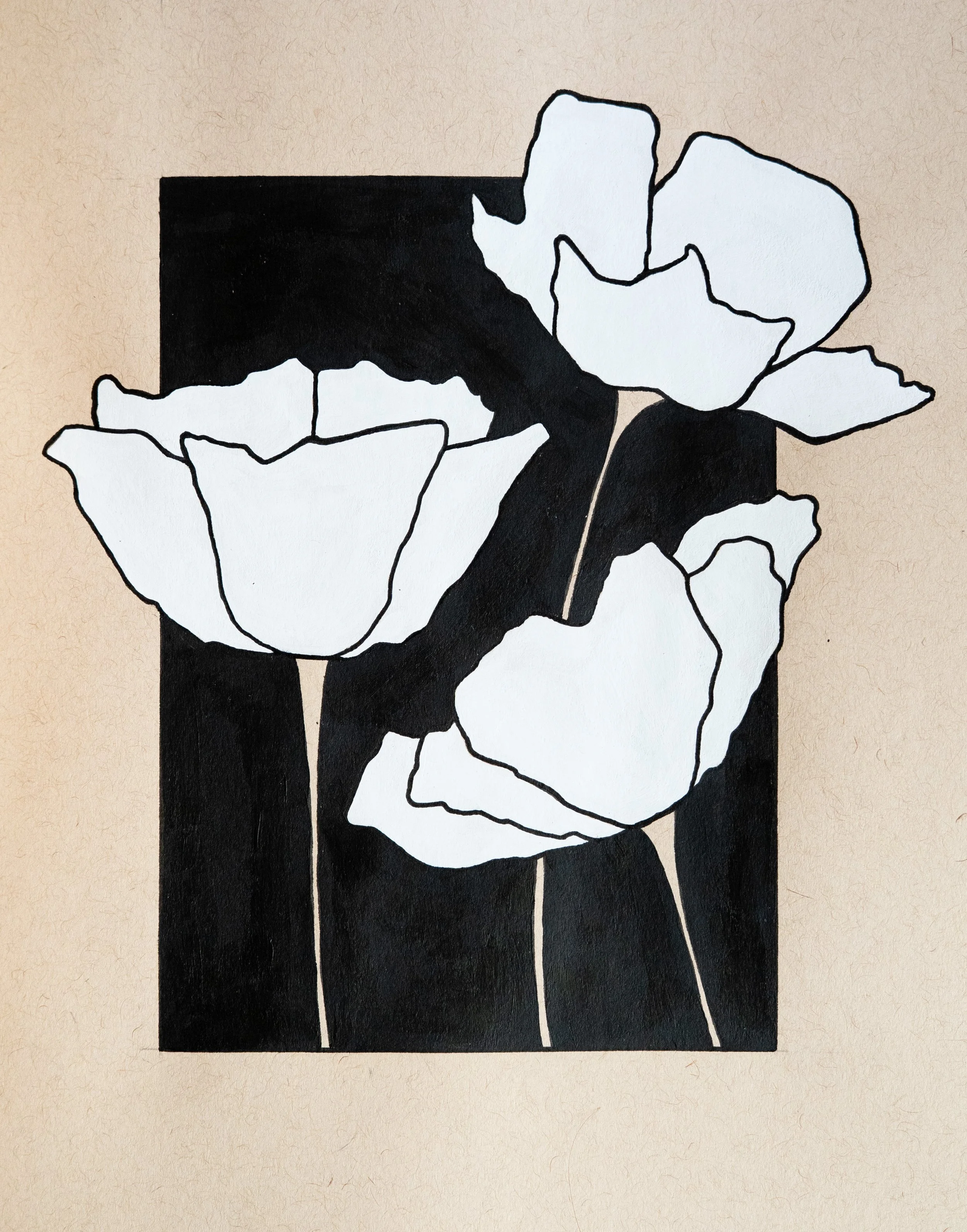 White Flowers - Acrylic, Gouache & Pen on Toned Tan Paper