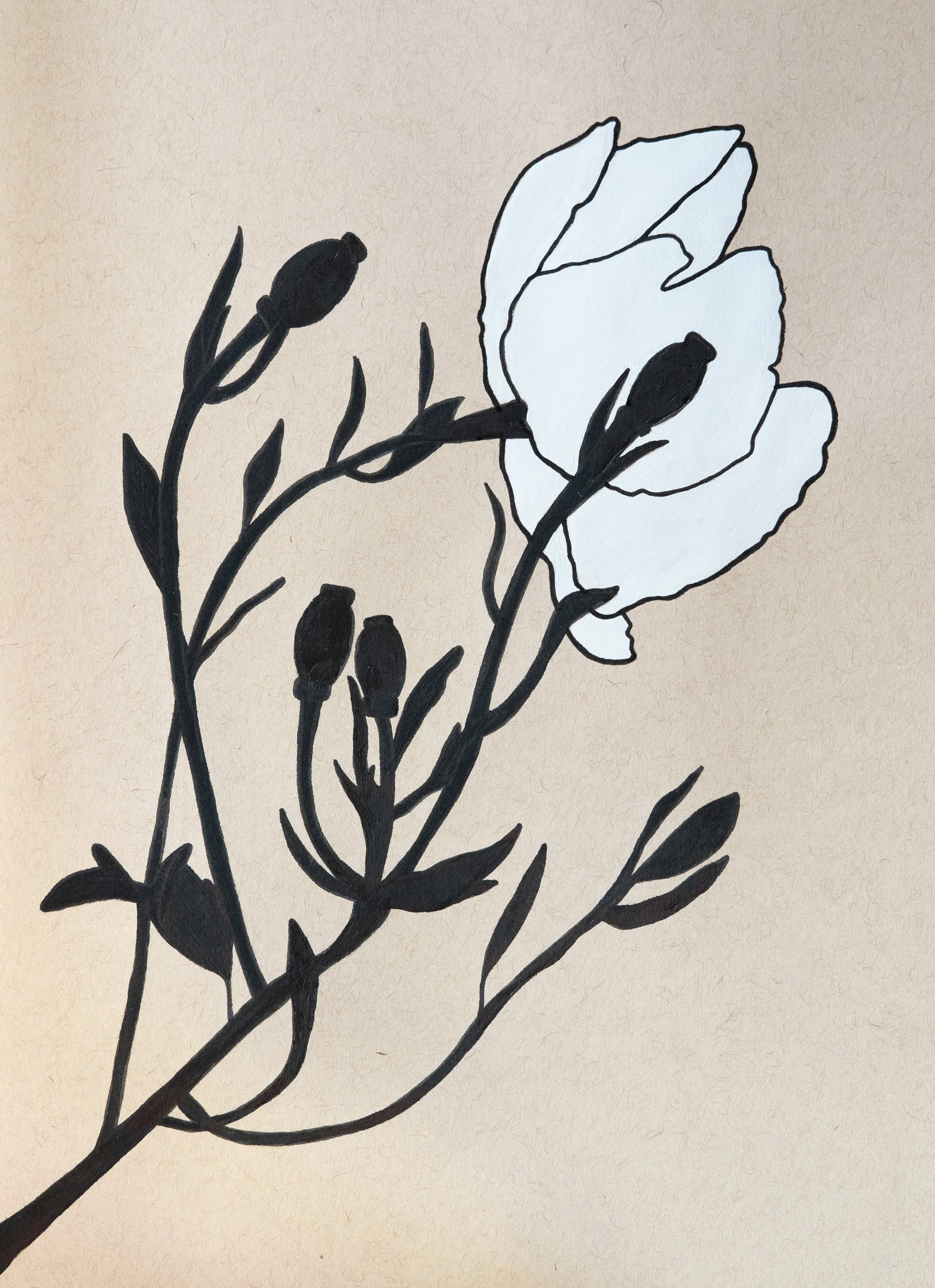 Flower & Stem - Acrylic, Gouache & Pen on Toned Tan Paper