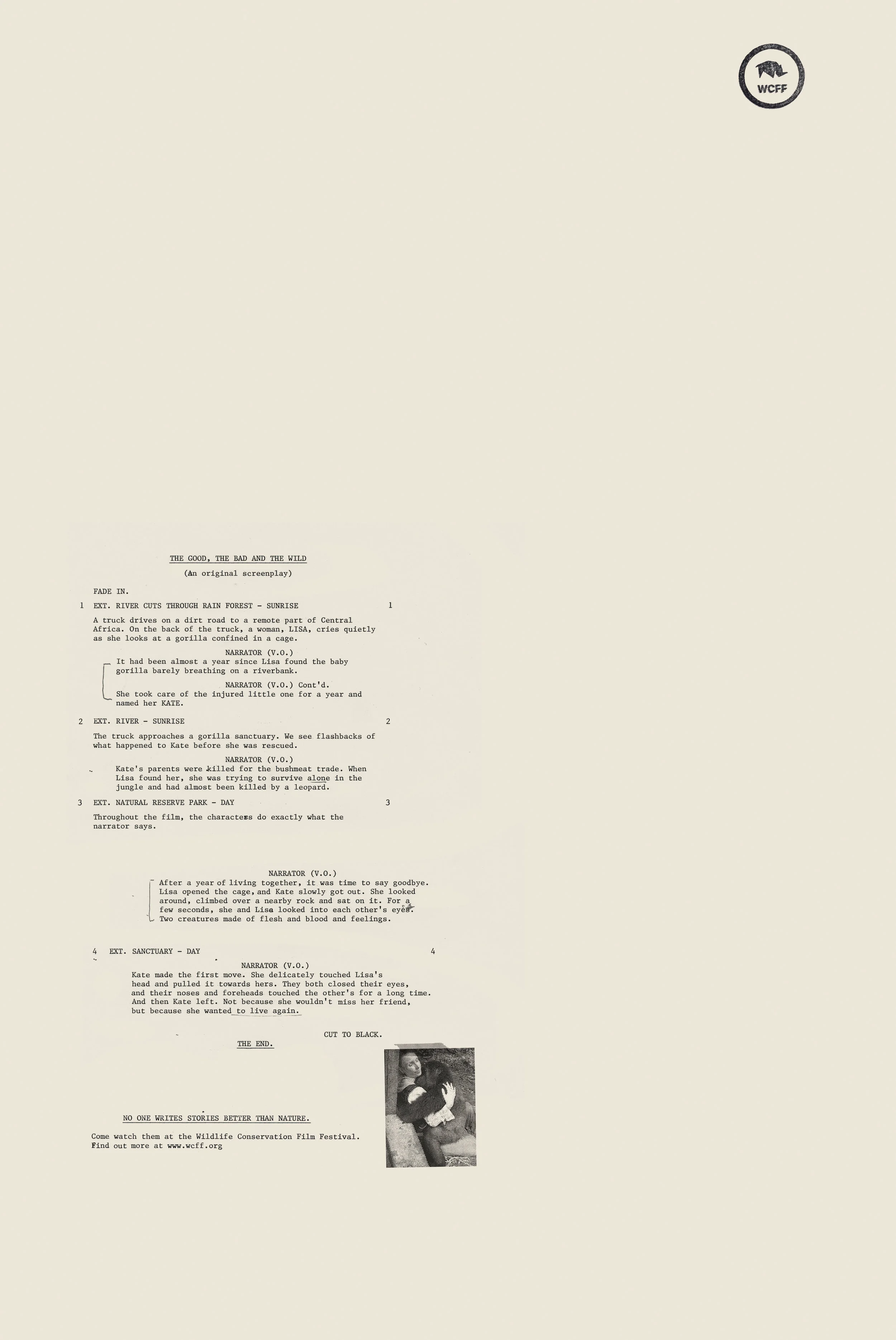 A typed screenplay titled "The Good, The Bad, and The Wild," with a small black and white photo of a girl holding a small animal at the bottom right. The screenplay details scenes involving a river, a gorilla sanctuary, a natural reserve, and a wildl