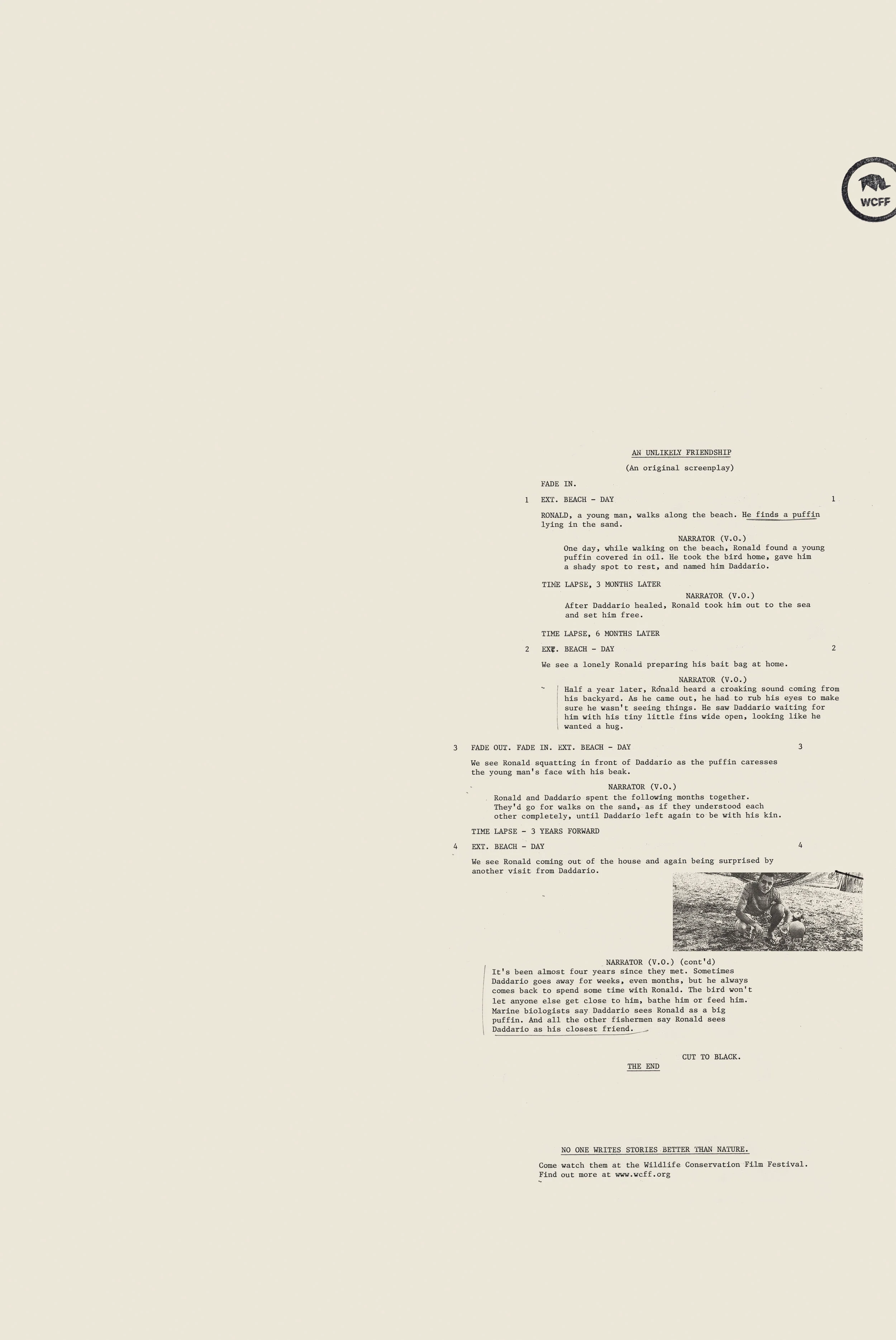 A screenplay script titled "An Unlikely Friendship" with a small black-and-white photo of a person with a dog on the bottom right corner, and a WCFF logo in the top right corner.