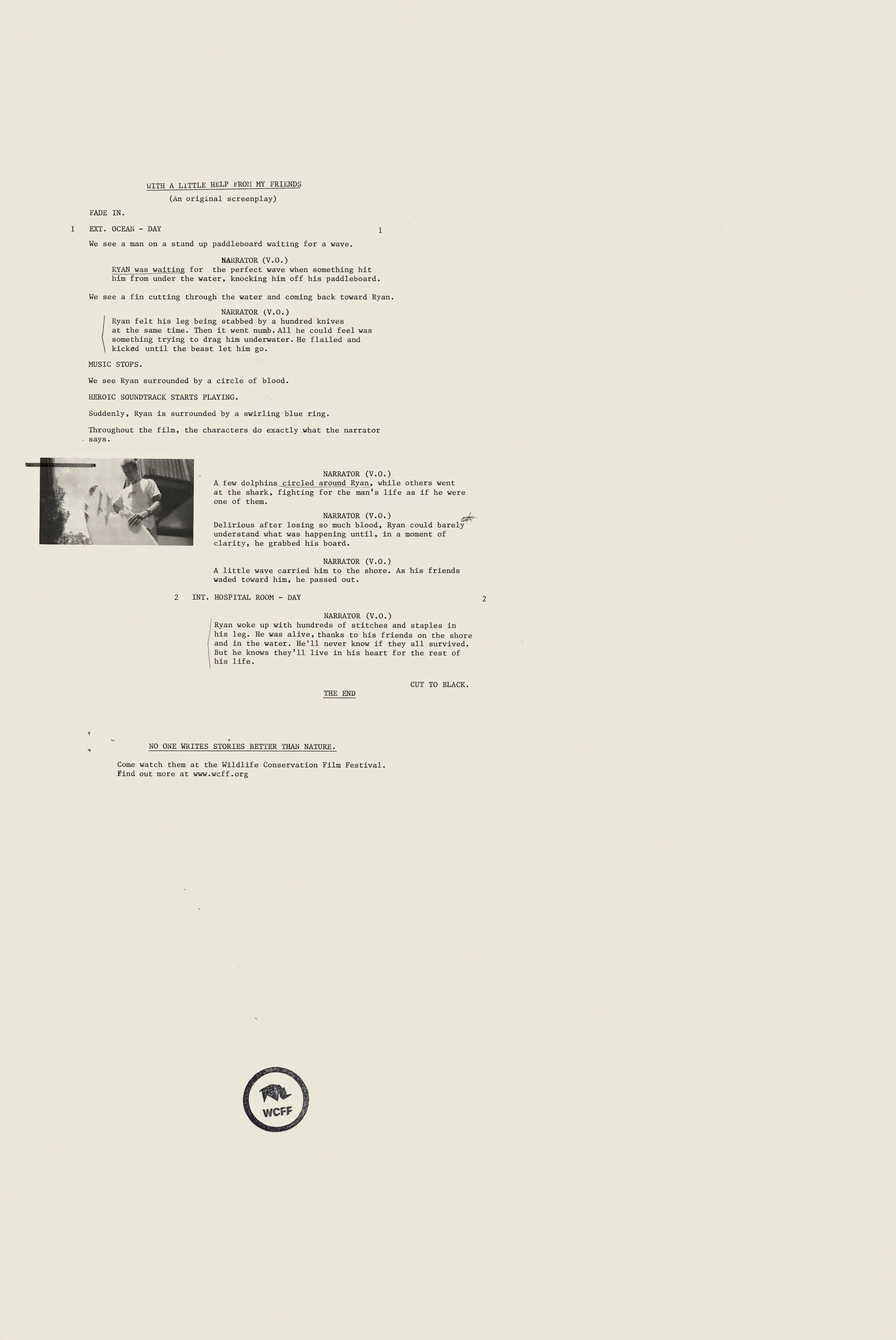 A typed screenplay script titled 'With a Little Help from My Friends,' featuring dialogue, stage directions, and a black-and-white photograph of a man in a white shirt. The page has a layout typical of screenplays with character names and dialogue. T