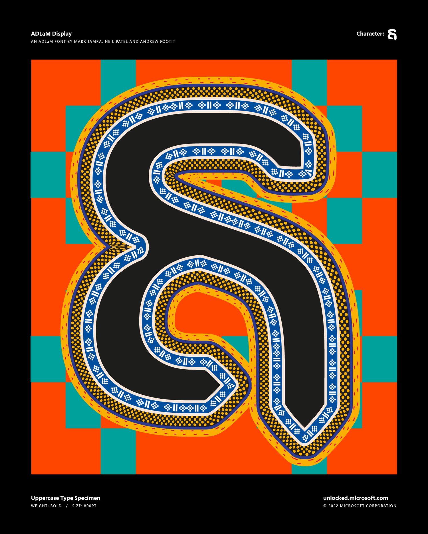 Colorful graphic of a stylized letter 'S' with a black background, surrounded by a blue and white patterned outline, on a geometric orange and teal background.