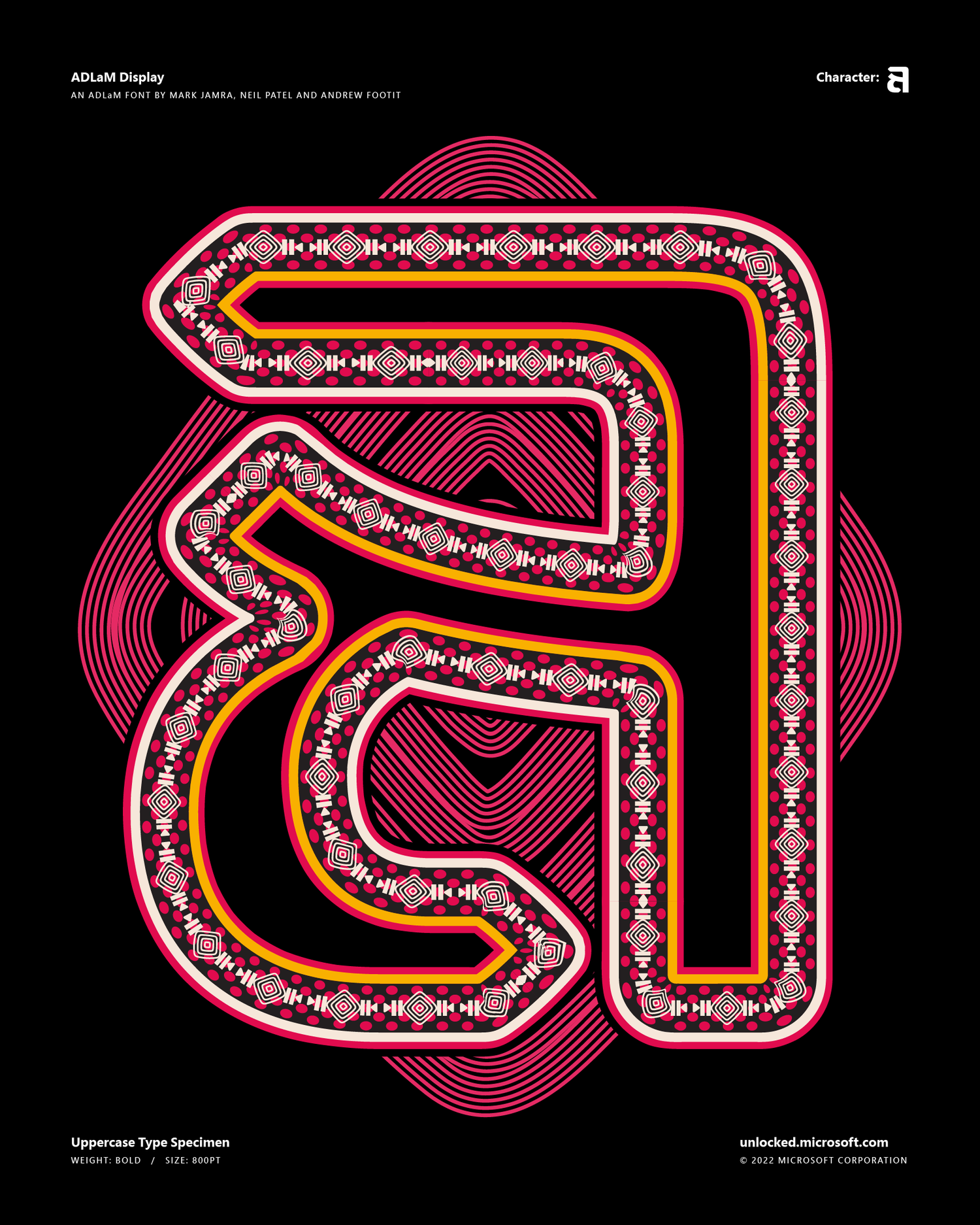 Colorful digital graphic with a large decorative uppercase letter 'S' outlined with pink, white, yellow, and black patterns on a black background. The letter is surrounded by geometric designs and concentric pink lines.