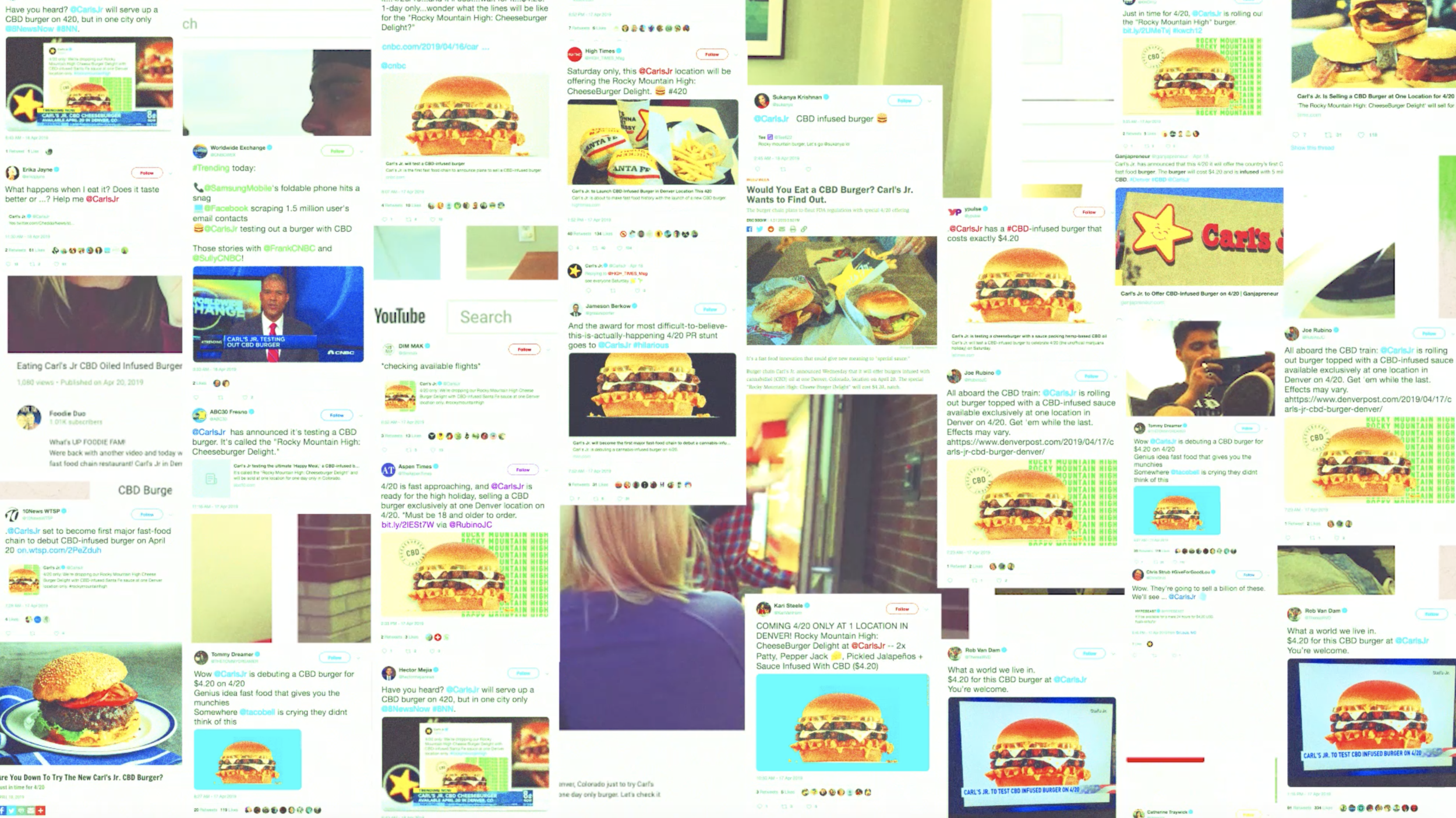 Collage of numerous social media posts and screenshots about CBD-infused burgers from Carl's Jr., featuring images of burgers, text announcements, and news headlines.