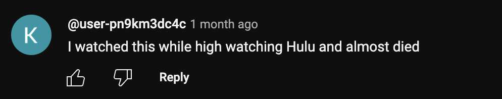 A social media comment with a blue circular profile picture and white text on a black background that reads, '@user-pn9km3dc4c 1 month ago. I watched this while high watching Hulu and almost died.'
