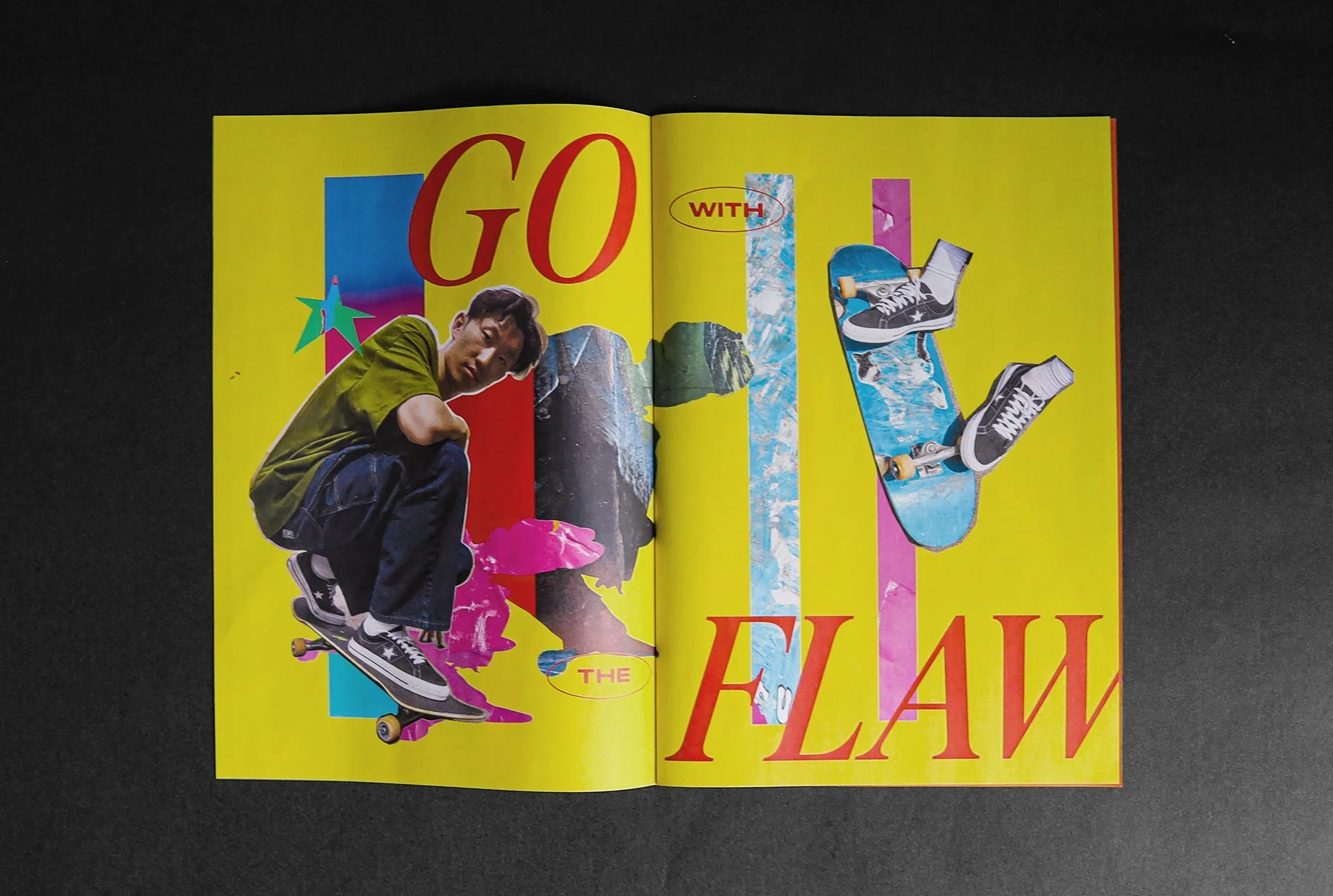 A colorful magazine spread with a yellow background and large red text that reads 'GO WITH THE FLOW'. It features a young man wearing a green shirt and black jeans riding a skateboard, along with cut-out images of skateboard shoes, abstract shapes, and textured strips.