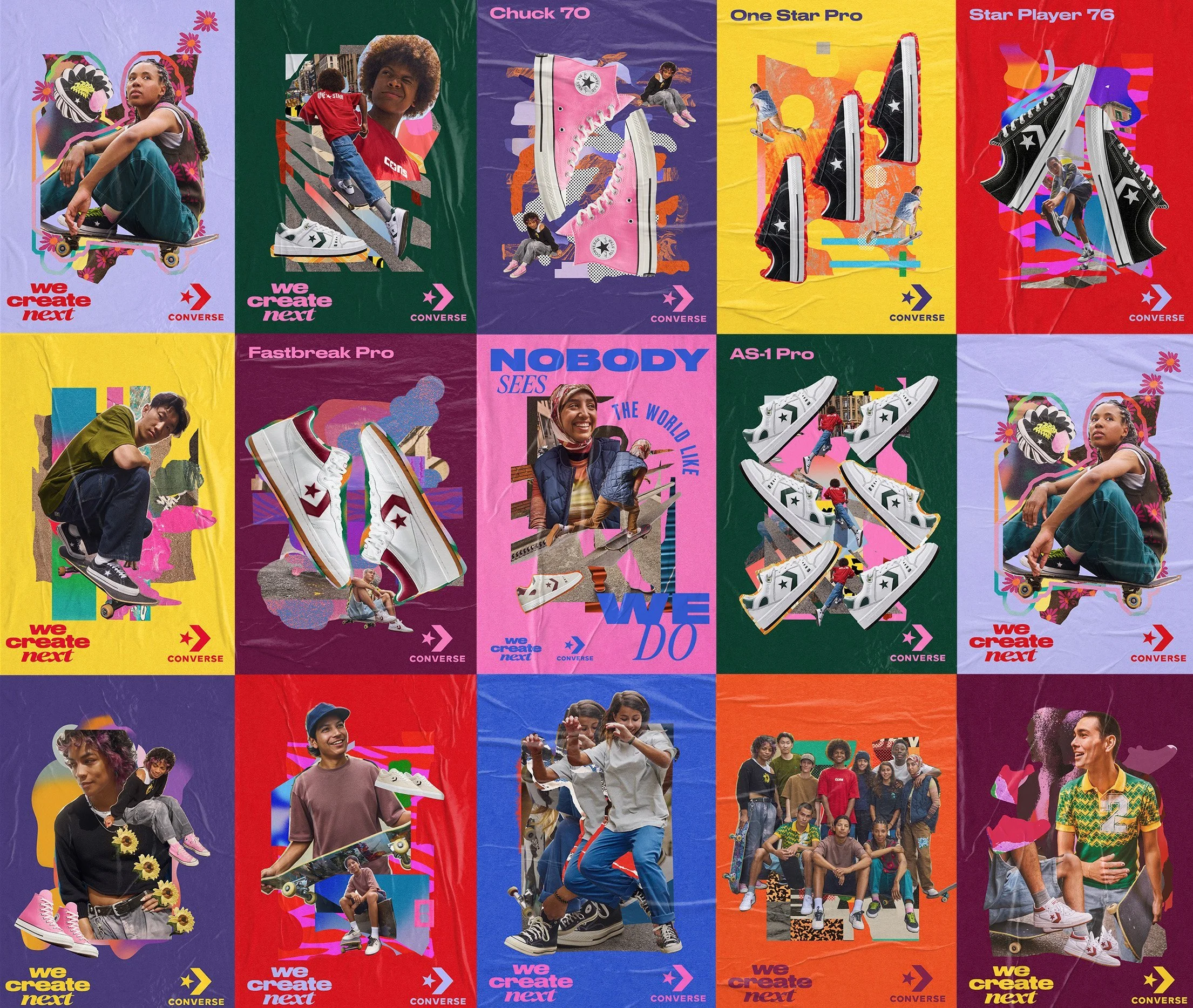 A colorful collage featuring various people and Converse sneakers, with different vibrant backgrounds and text promoting creativity and future generations.