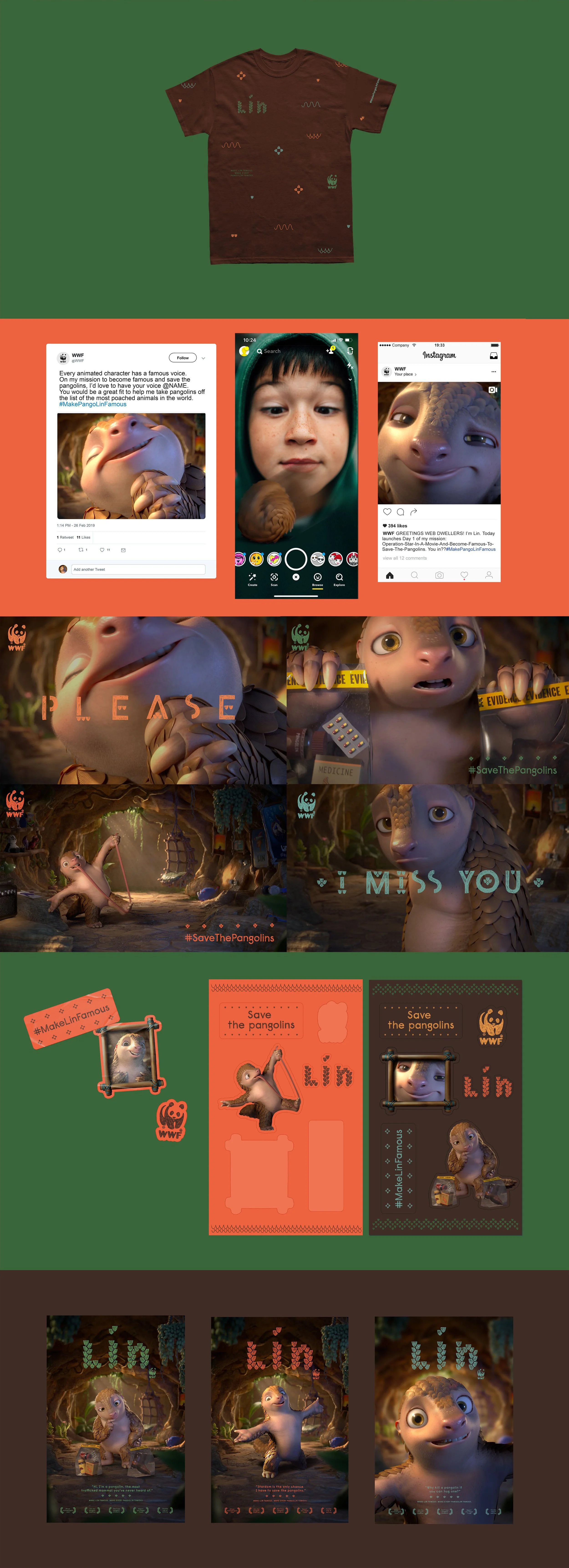 A digital collage promoting WWF's campaign to save pangolins, featuring animated pangolin characters, social media screenshots, and campaign graphics with messages like "Please, I Miss You" and "Save the Pangolins."