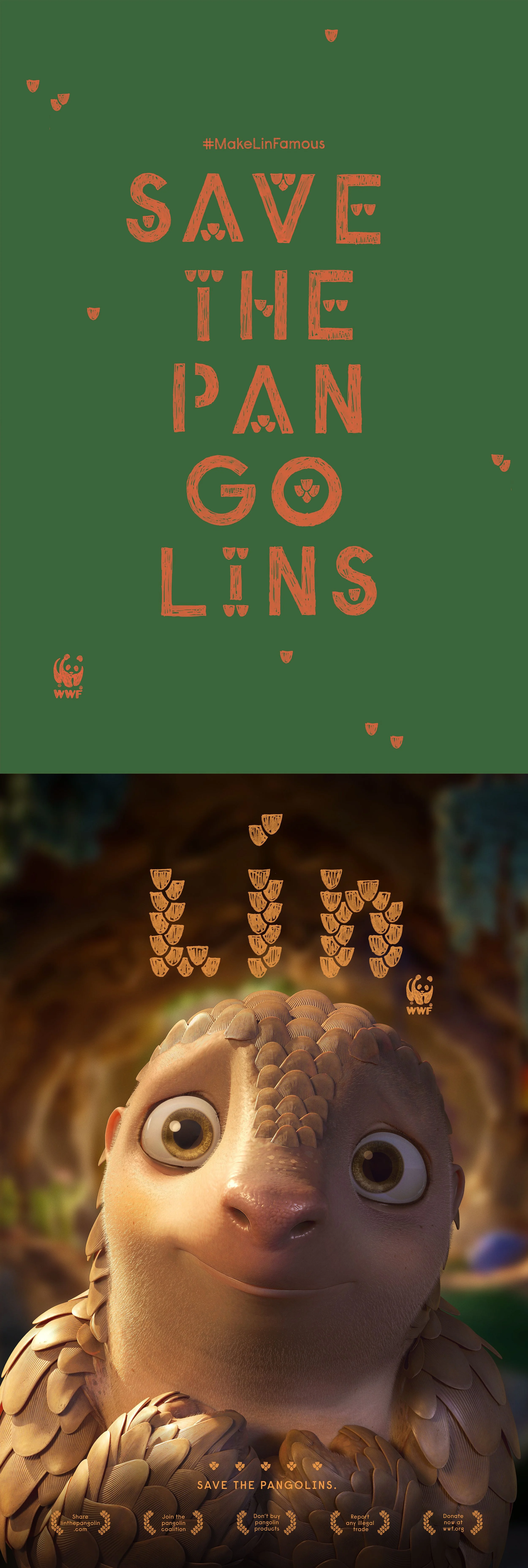 Posters promoting pangolin conservation with the message "Save the Pangolins" in both text and imagery of a cartoon pangolin with large eyes, surrounded by pangolin scale-themed graphics and WWF logo.