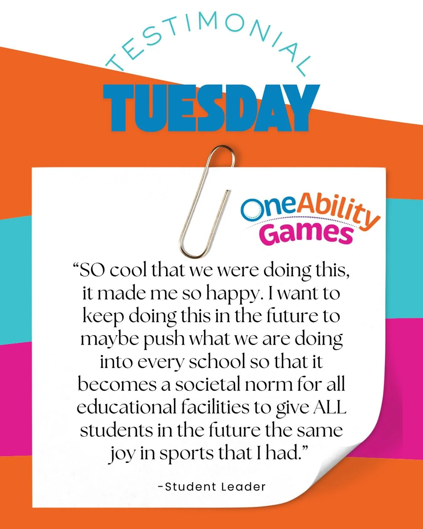 We are back with another #testimonialtuesday 🎉

This week, we share the words of one of the student leaders that helped run a PLAY pilot program at their school &mdash; proving that the OAG impact extends beyond people with disabilities to those sur