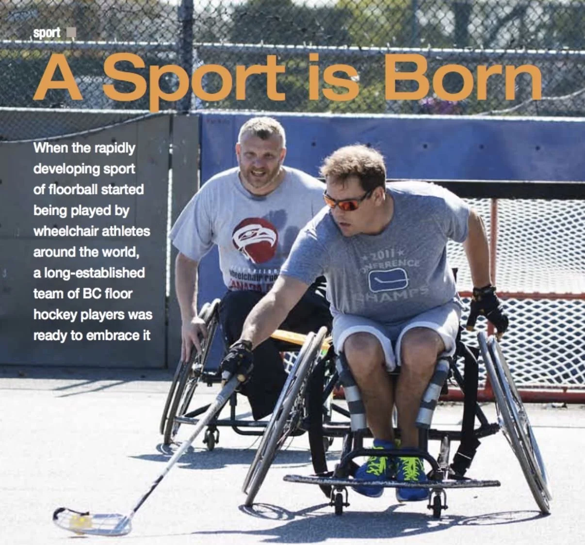 Floorball player with an adapted stick.