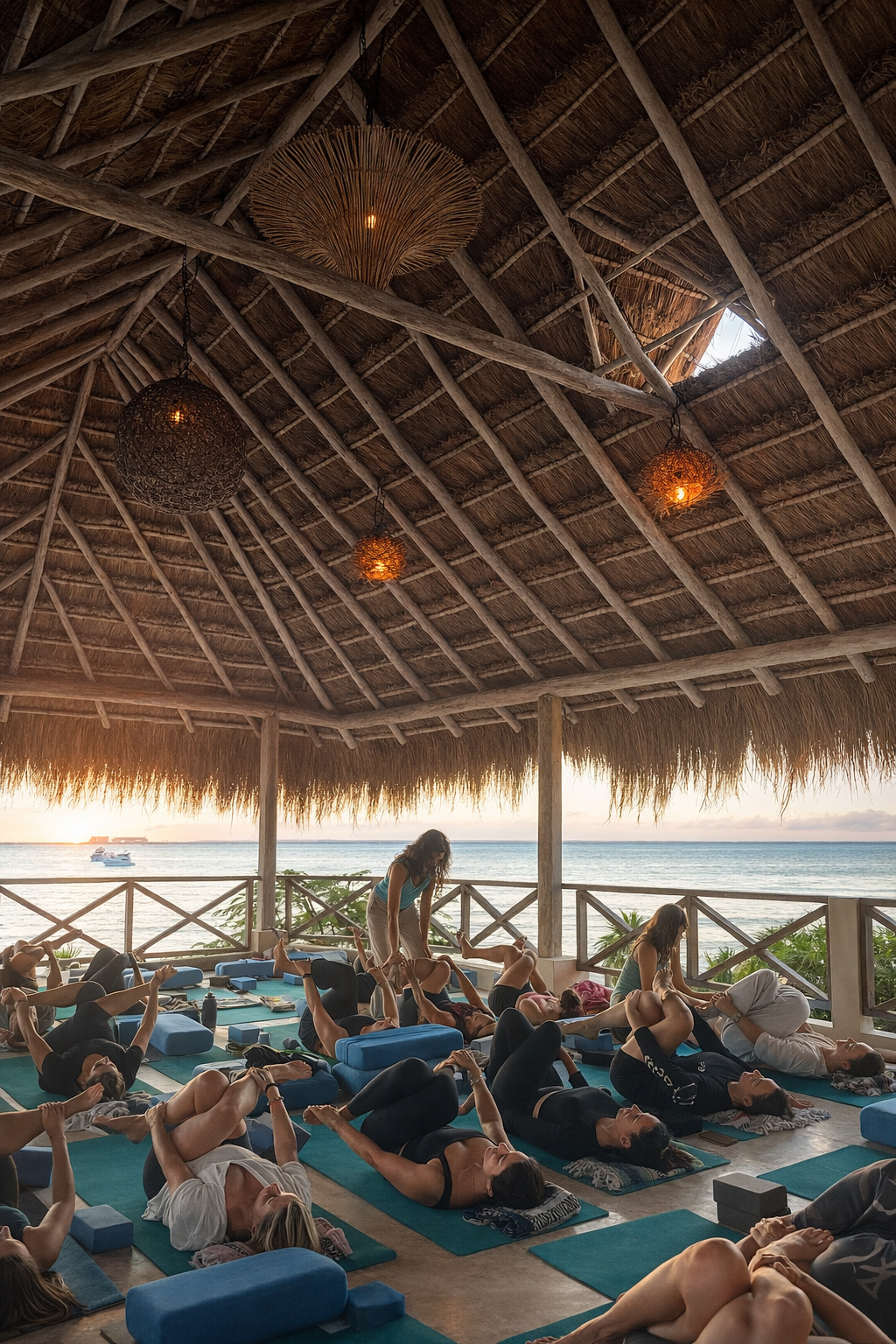 Group of people participating in a yoga class on a wooden porch with a thatched roof, overlooking the ocean at sunset.