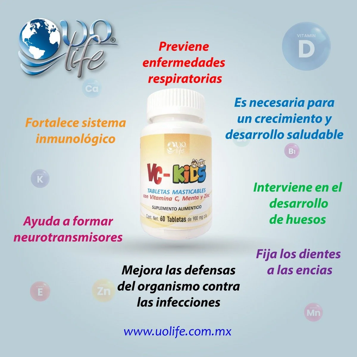 VC-KIDS Vitamina C, Menta y Zinc — 60 tabletas 900 mg