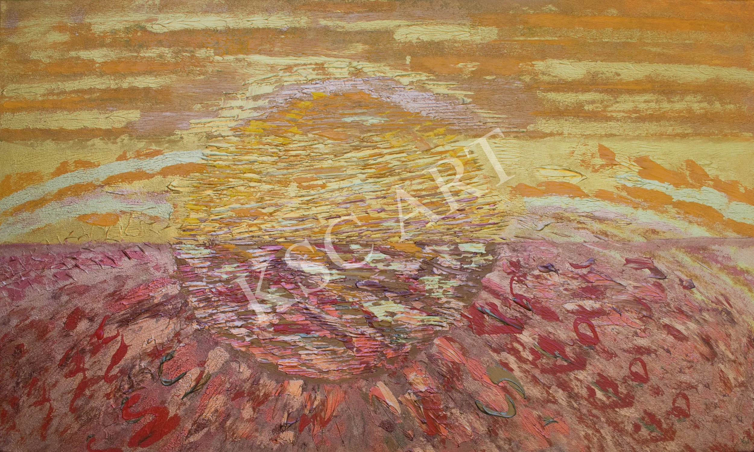 An abstract painting with layered textured brushstrokes in warm tones of orange, yellow, pink, and purple, featuring a central circular formation resembling a reflection or ripple effect.