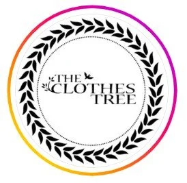 Logo with black laurel wreaths around the text 'The Clothes Tree' inside a dotted circle, with a gradient border from purple to red to yellow.