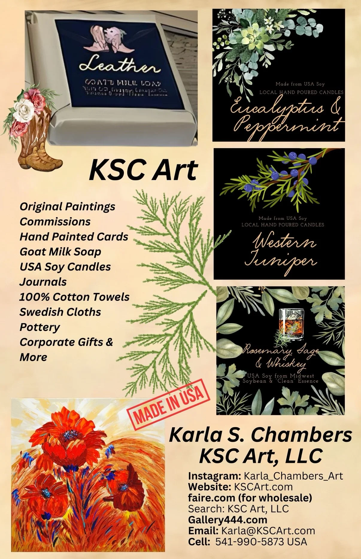 A promotional flyer for KSC Art, LLC featuring various handmade products including original paintings, commissions, hand painted cards, goat milk soap, USA soy candles, journals, cotton towels, Swedish cloths, pottery, and corporate gifts. The flyer displays images of candles with eucalyptus, juniper, and rosemary, a colorful painting of poppies, and text with contact information.