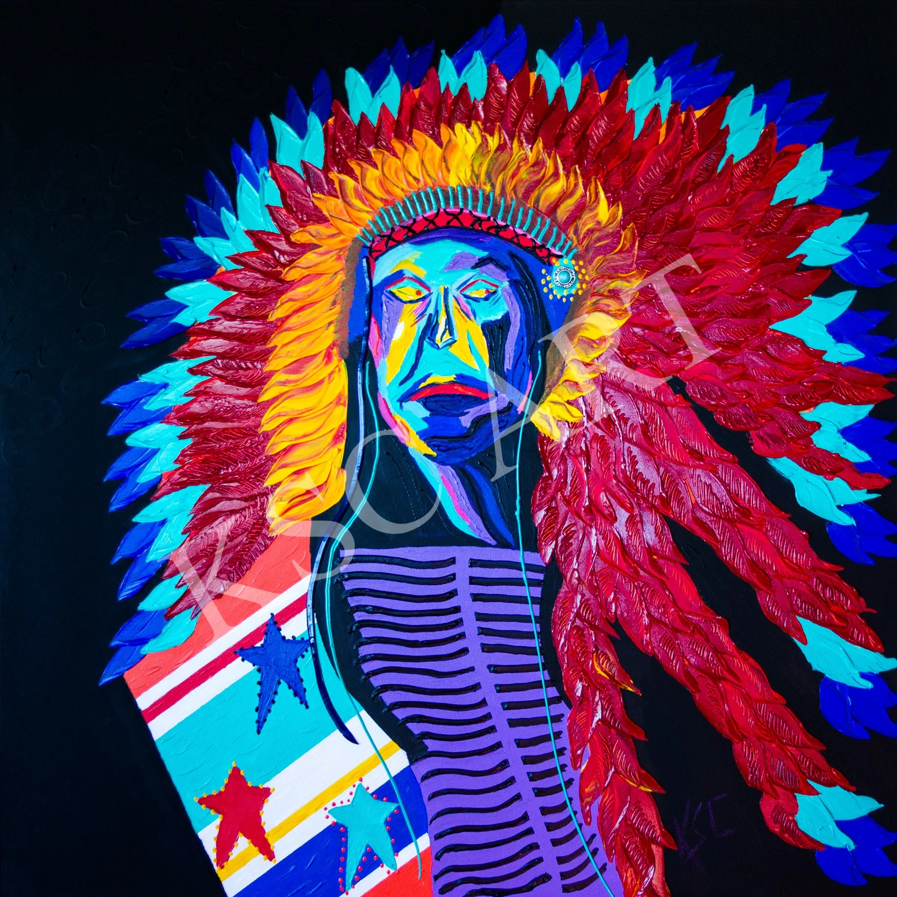 Bright, colorful painting of a Native American chief with a large feathered headdress, wearing a striped shirt with stars and stripes pattern, set against a black background.