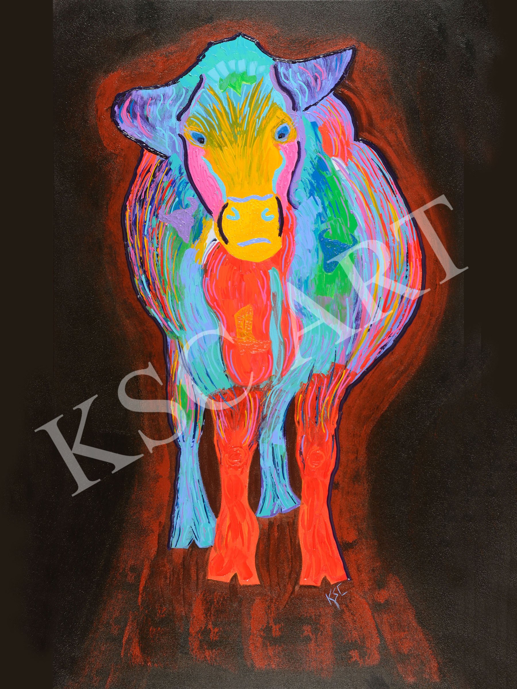 Colorful abstract painting of a cow with vibrant blue, red, yellow, pink, green, and purple strokes on a dark background.