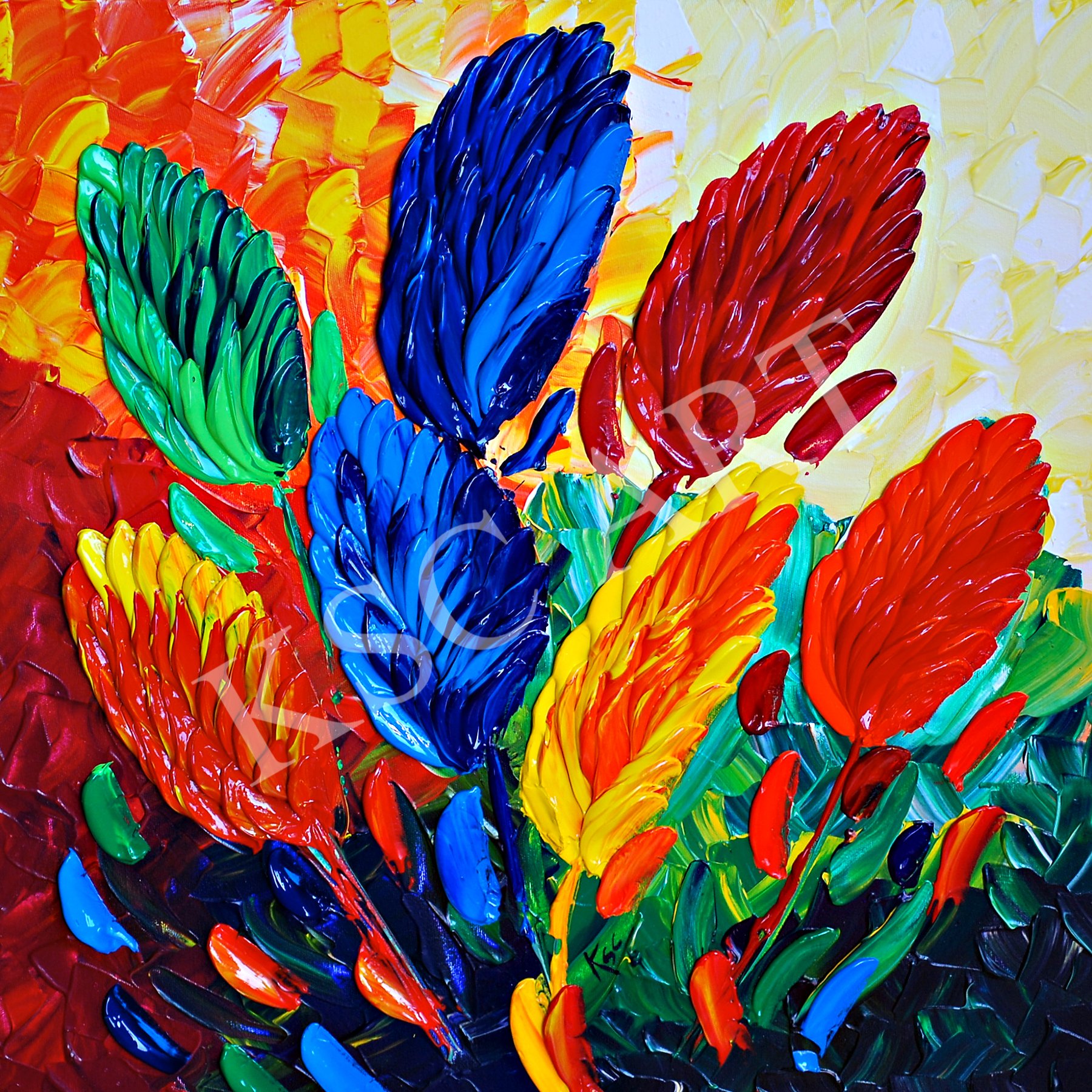 Brightly colored abstract painting of flowers with thick, textured brushstrokes in blue, red, yellow, green, orange, and black on a multicolored background.