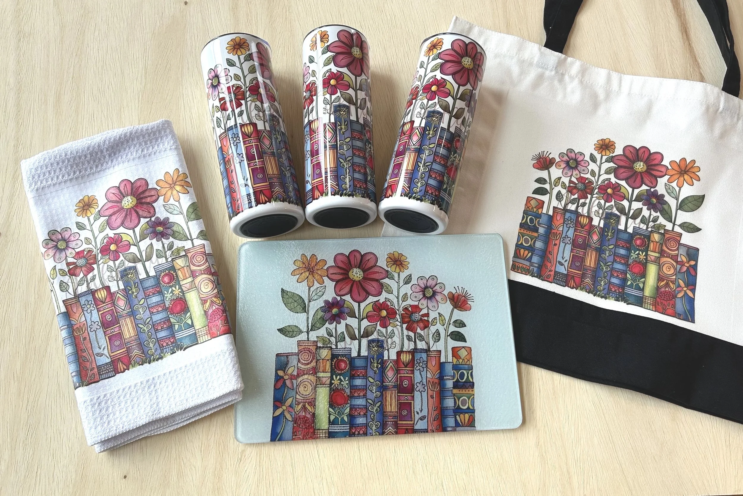 Flower Library Books - GIFT PACKAGE - Kitchen Towels/ Cutting Board/ Tumblers/ Mugs/ Tote Bag