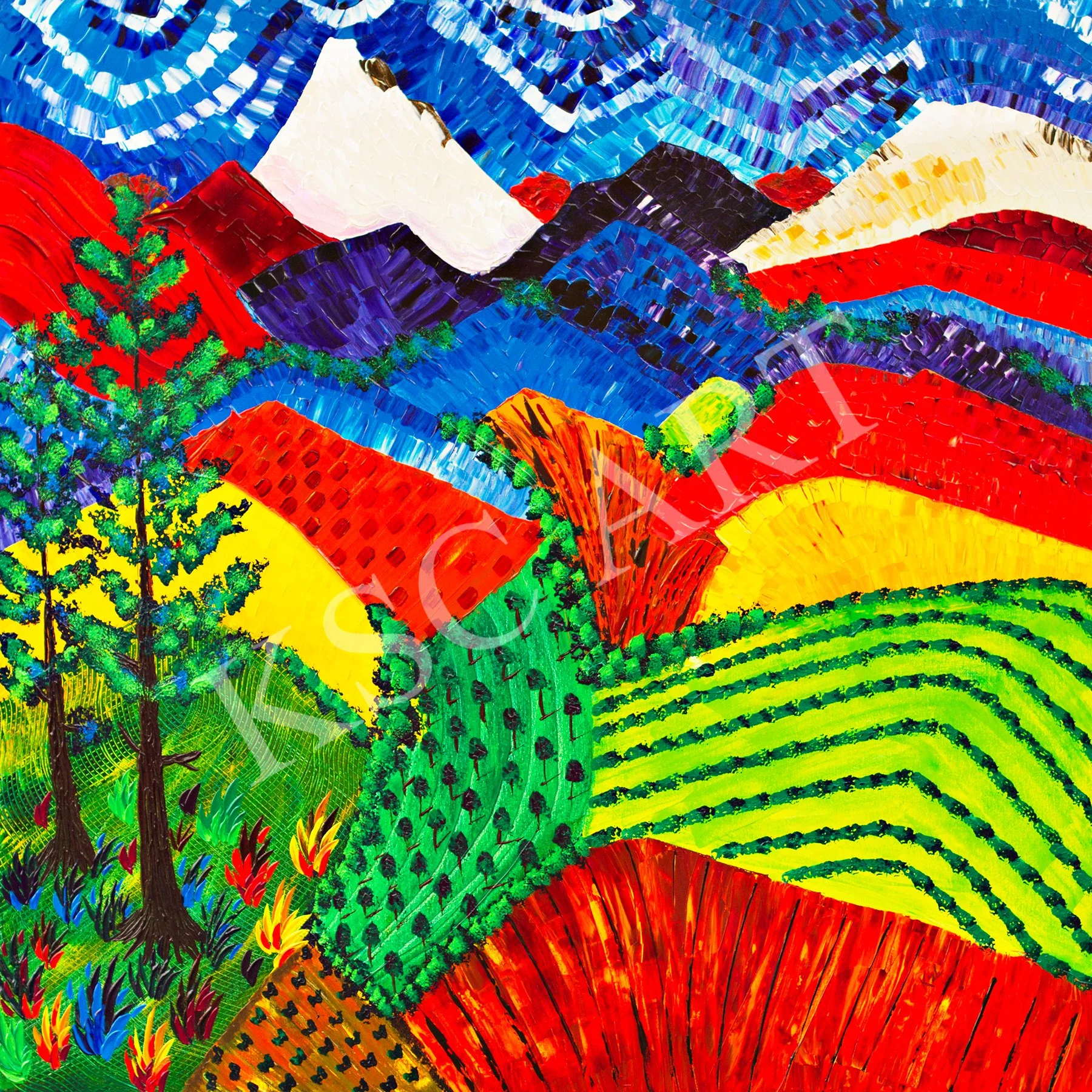 Colorful painting of a landscape with mountains, trees, fields, and hills in bright colors like blue, red, yellow, green, and white.