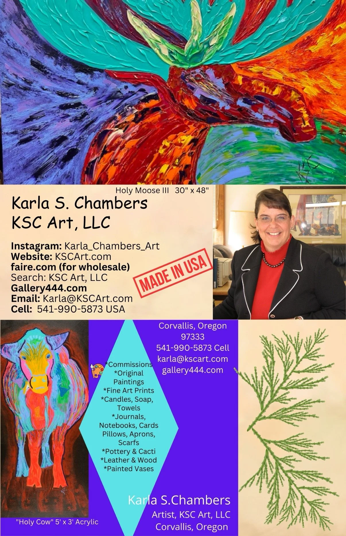A business card featuring artwork, contact details, and images of a colorful cow painting, a cow's face, and a pine branch.
