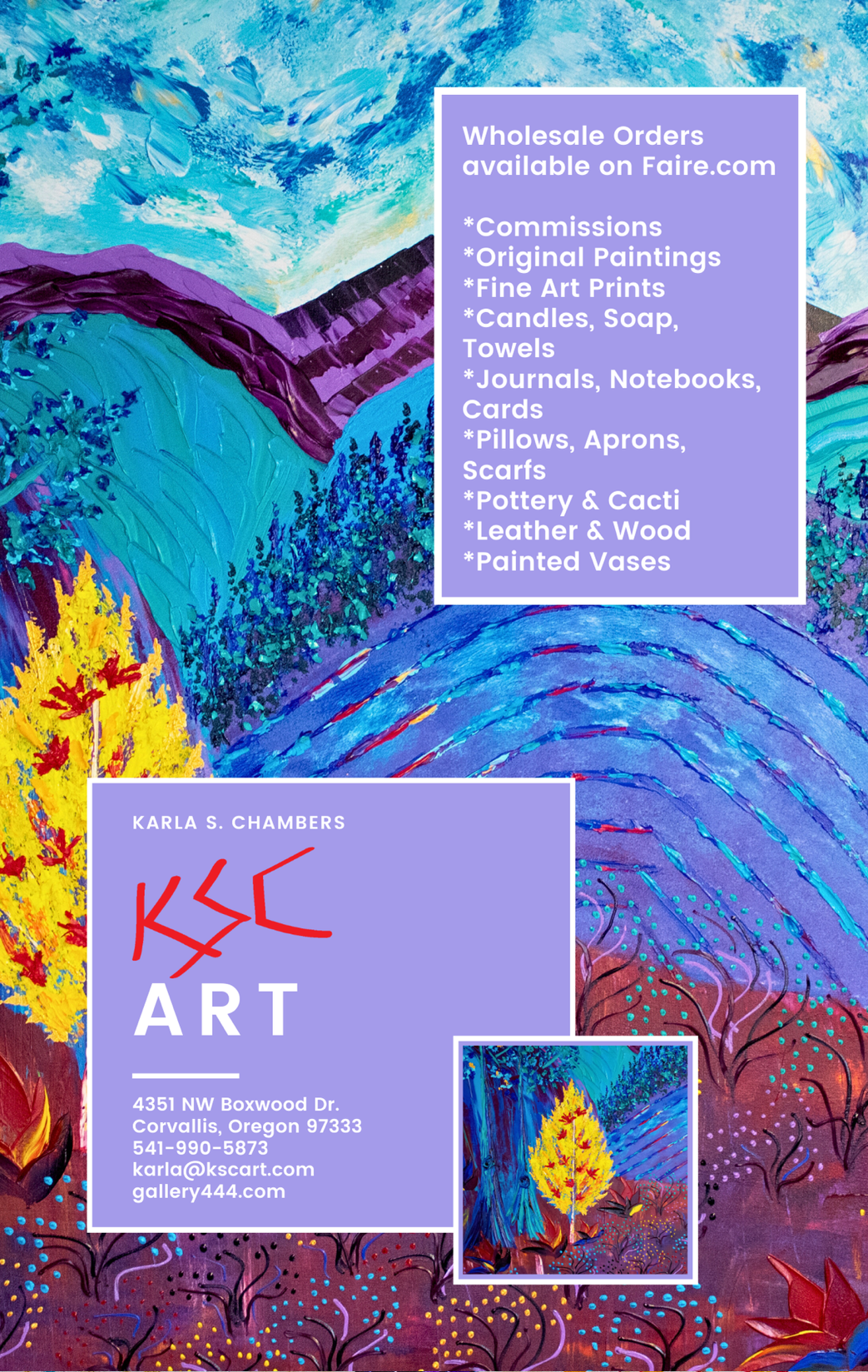 Colorful painted landscape with mountains, trees, and sky, used as background for an art gallery advertisement for Karla S. Chambers with information about wholesale orders and contact details.