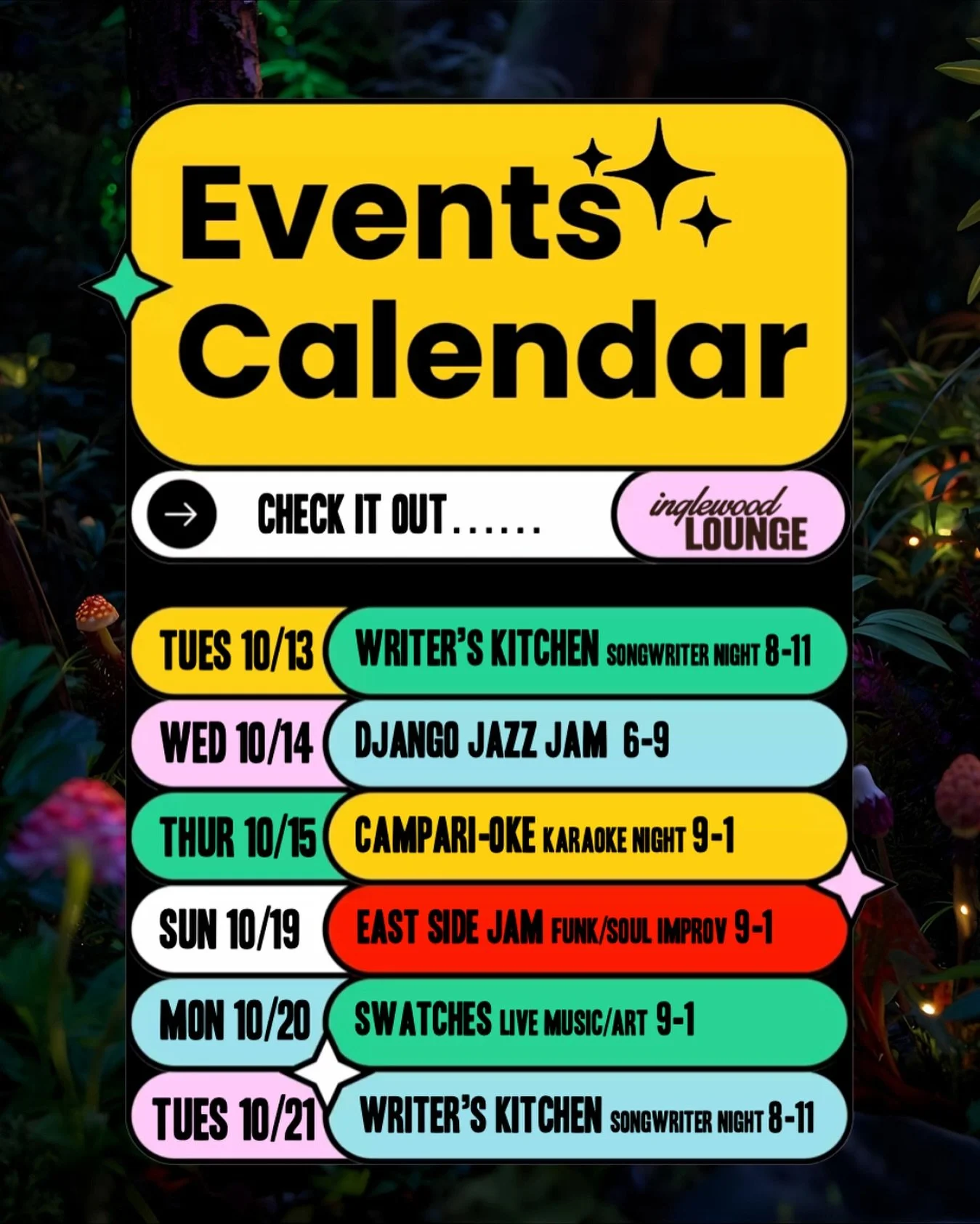 Live music lineup for this week! 🎶✨ Pull up for good vibes, great company + drinks &amp; food that hit just right. 💟