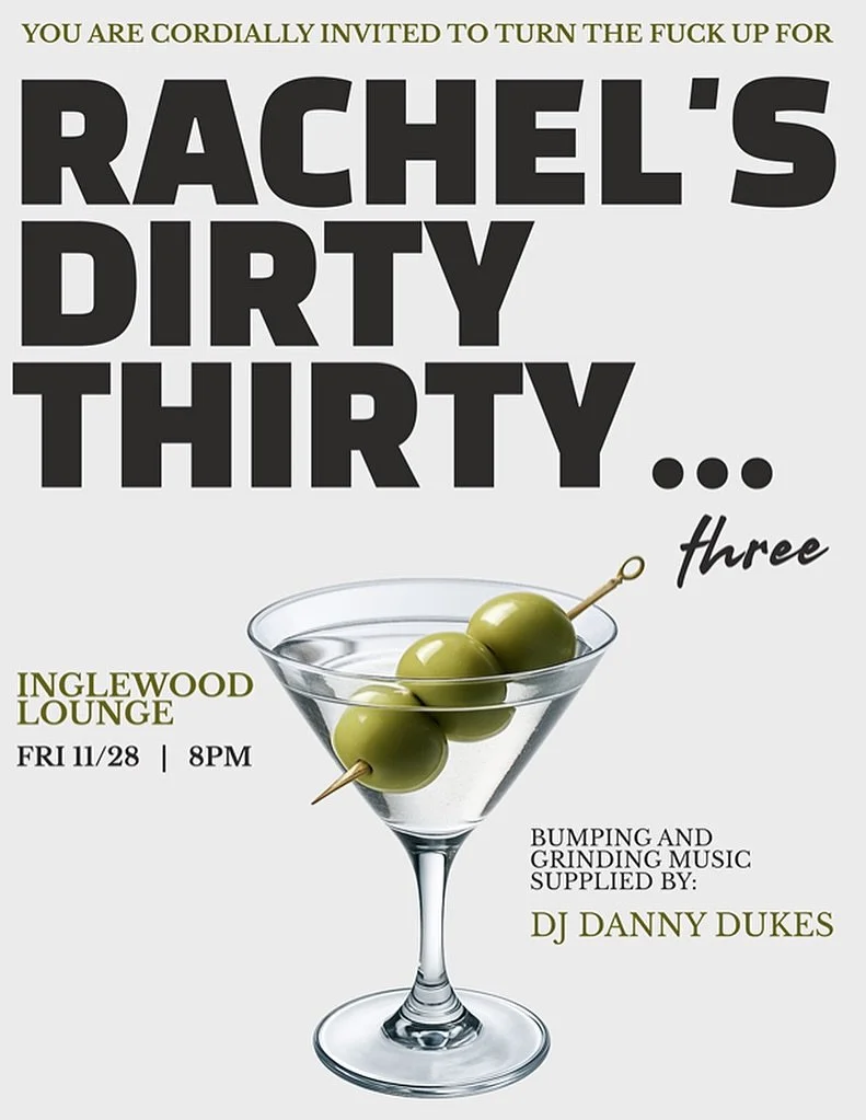 The martinis are filthy, the beats are nasty, and Rachel is turning 33!! 🎂 See you at the Lounge. 🍸
FRIDAY &bull; NOV 28 &bull; 8PM

#inglewoodlounge #thirtythree #dirtymartini #nastybeats #happybirthday #cocktaillounge #eastnashville